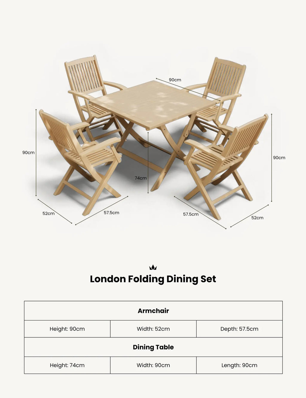 Royalcraft London 4 Seater Square Folding Garden Dining Set with Armchairs | FSC Acacia