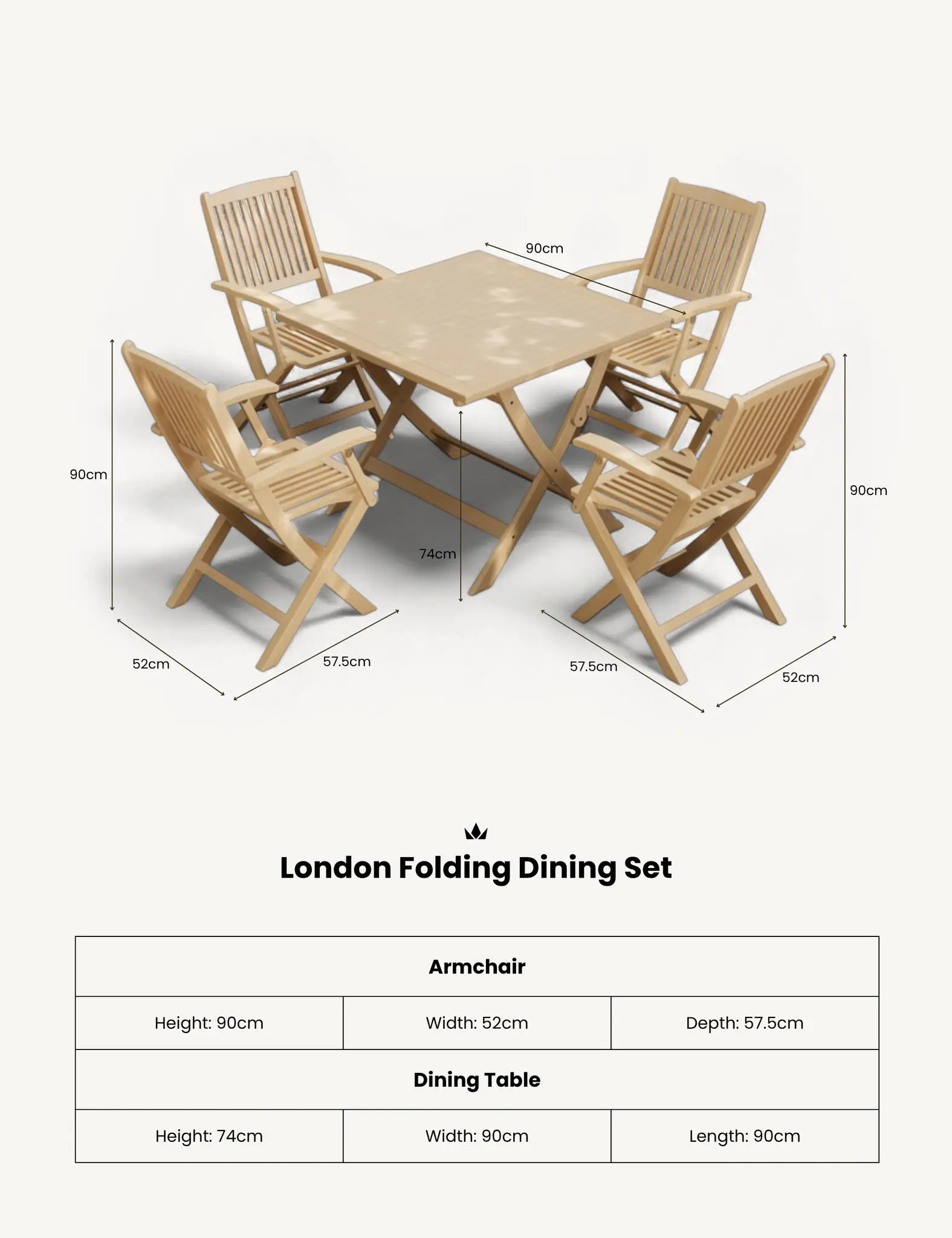 Royalcraft London 4 Seater Square Folding Garden Dining Set with Armchairs | FSC Acacia
