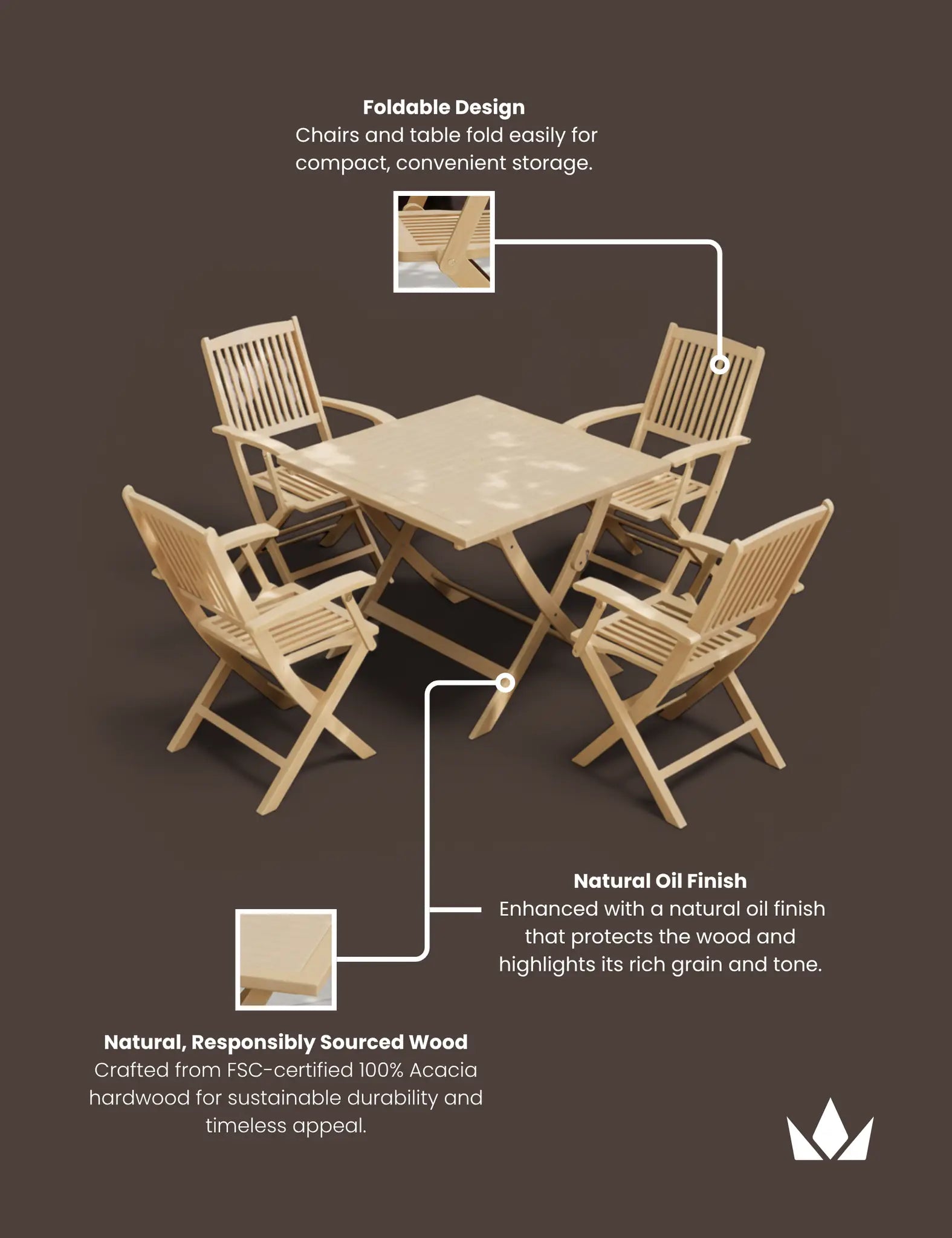 Royalcraft London 4 Seater Square Folding Garden Dining Set with Armchairs | FSC Acacia