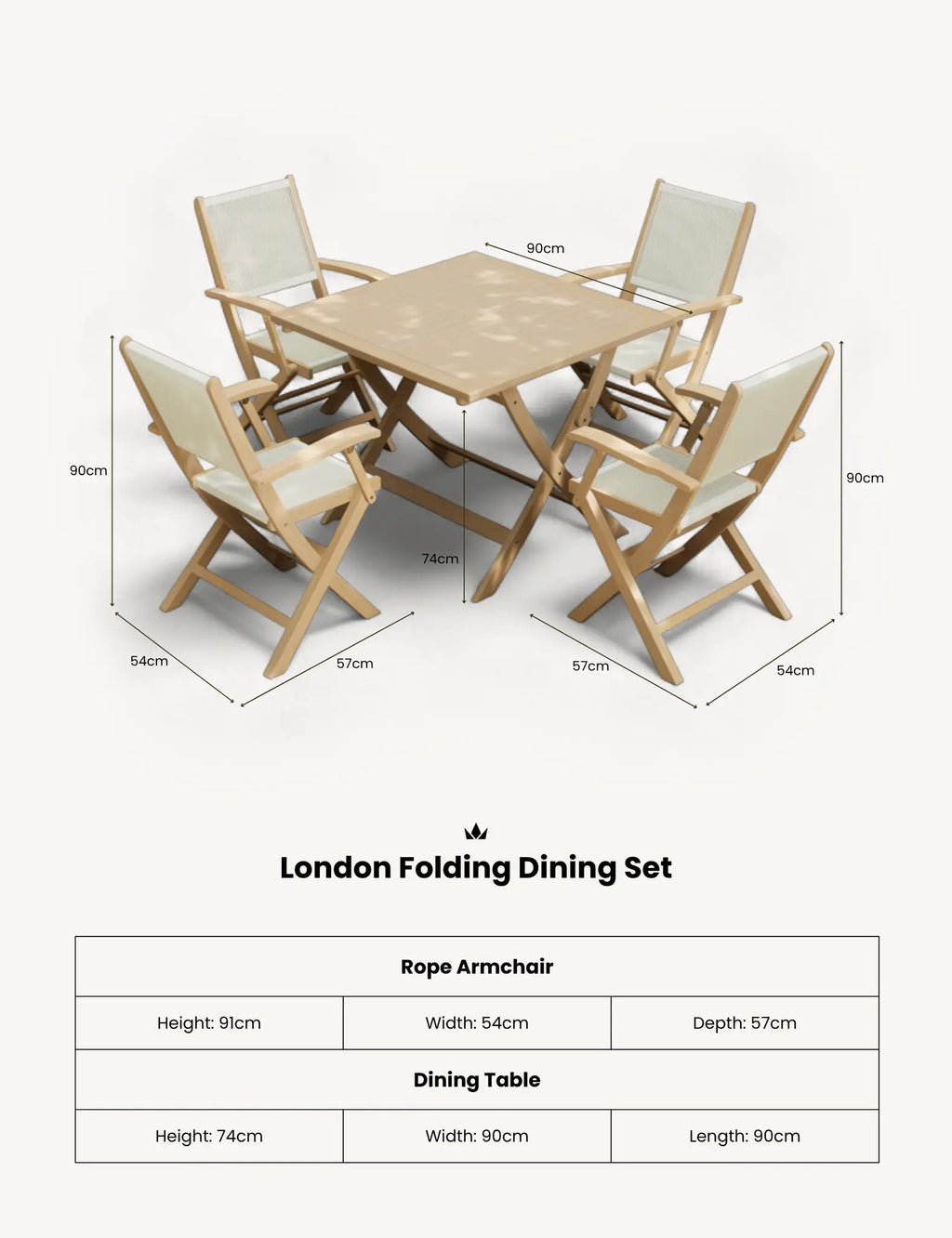 Royalcraft London 4 Seater Square Folding Garden Dining Set with Rope Armchairs | FSC Acacia