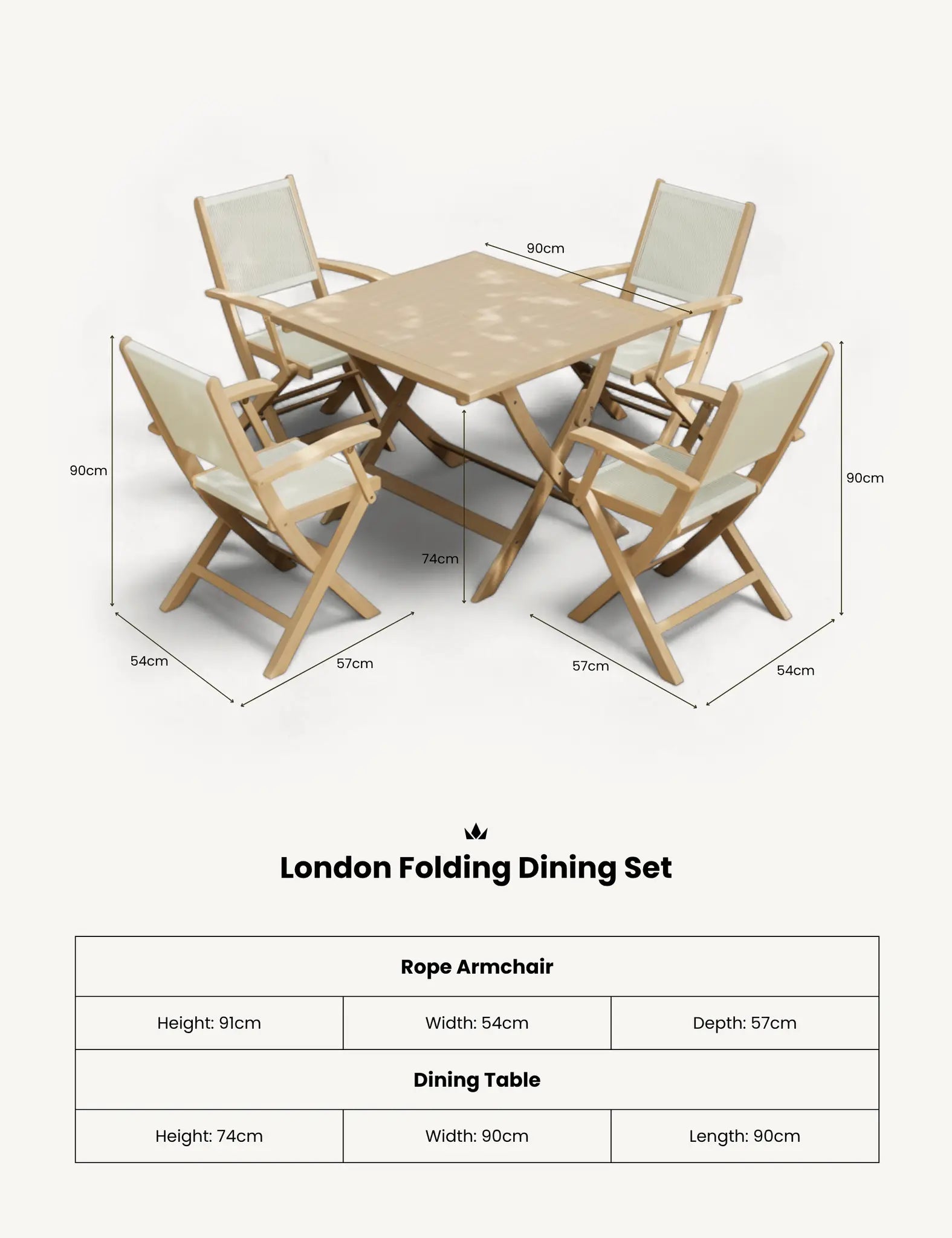 Royalcraft London 4 Seater Square Folding Garden Dining Set with Rope Armchairs | FSC Acacia
