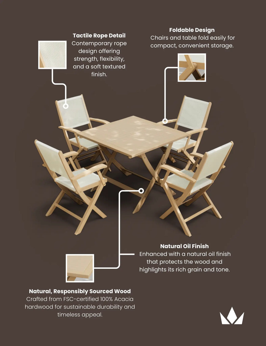 Royalcraft London 4 Seater Square Folding Garden Dining Set with Rope Armchairs | FSC Acacia