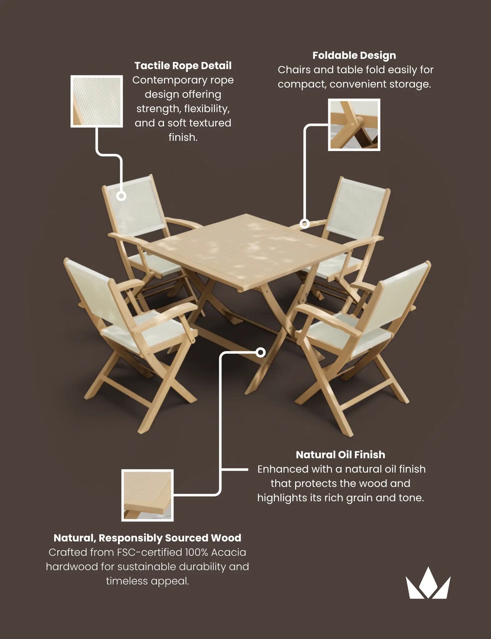 Royalcraft London 4 Seater Square Folding Garden Dining Set with Rope Armchairs | FSC Acacia