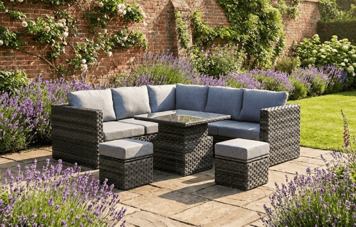 Lima 7 Seater Grey Rattan Garden Corner Sofa Set with up-down table and stools in a British garden