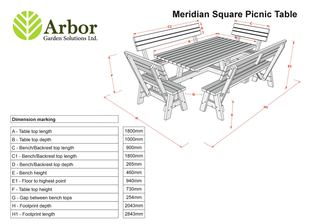 Meridian Square Picnic Table and Benches Set With Backrest