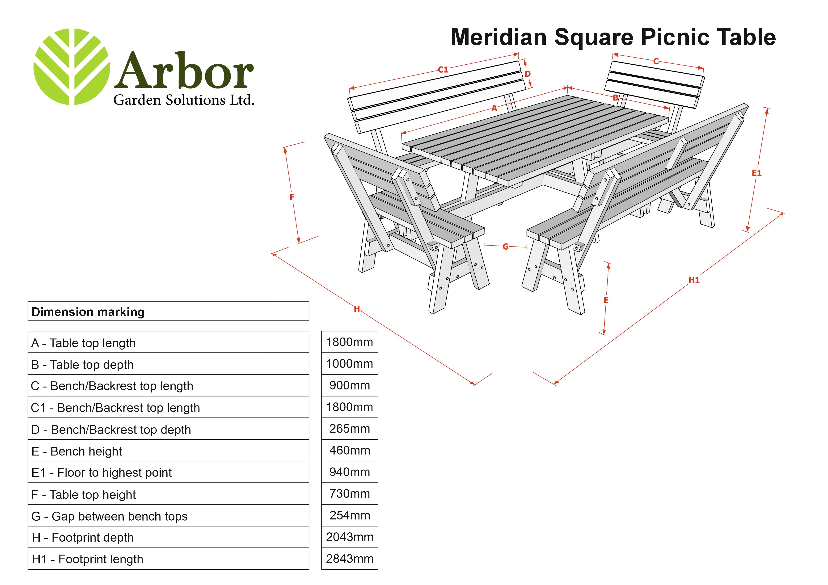 Meridian Square Picnic Table and Benches Set With Backrest