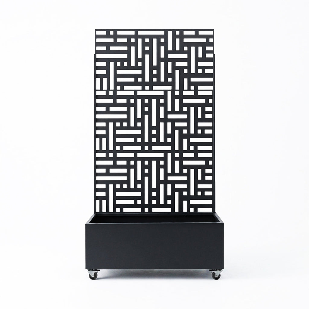 Black metal privacy screen with planter, full front-on product view