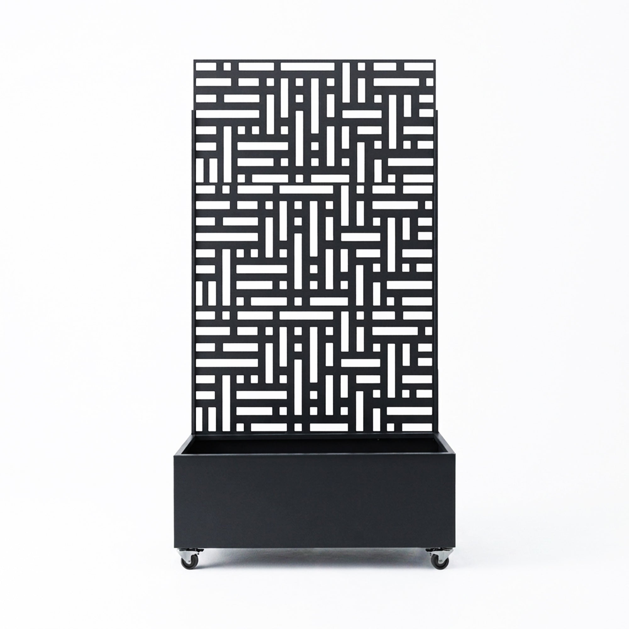 Black metal privacy screen with planter, full front-on product view