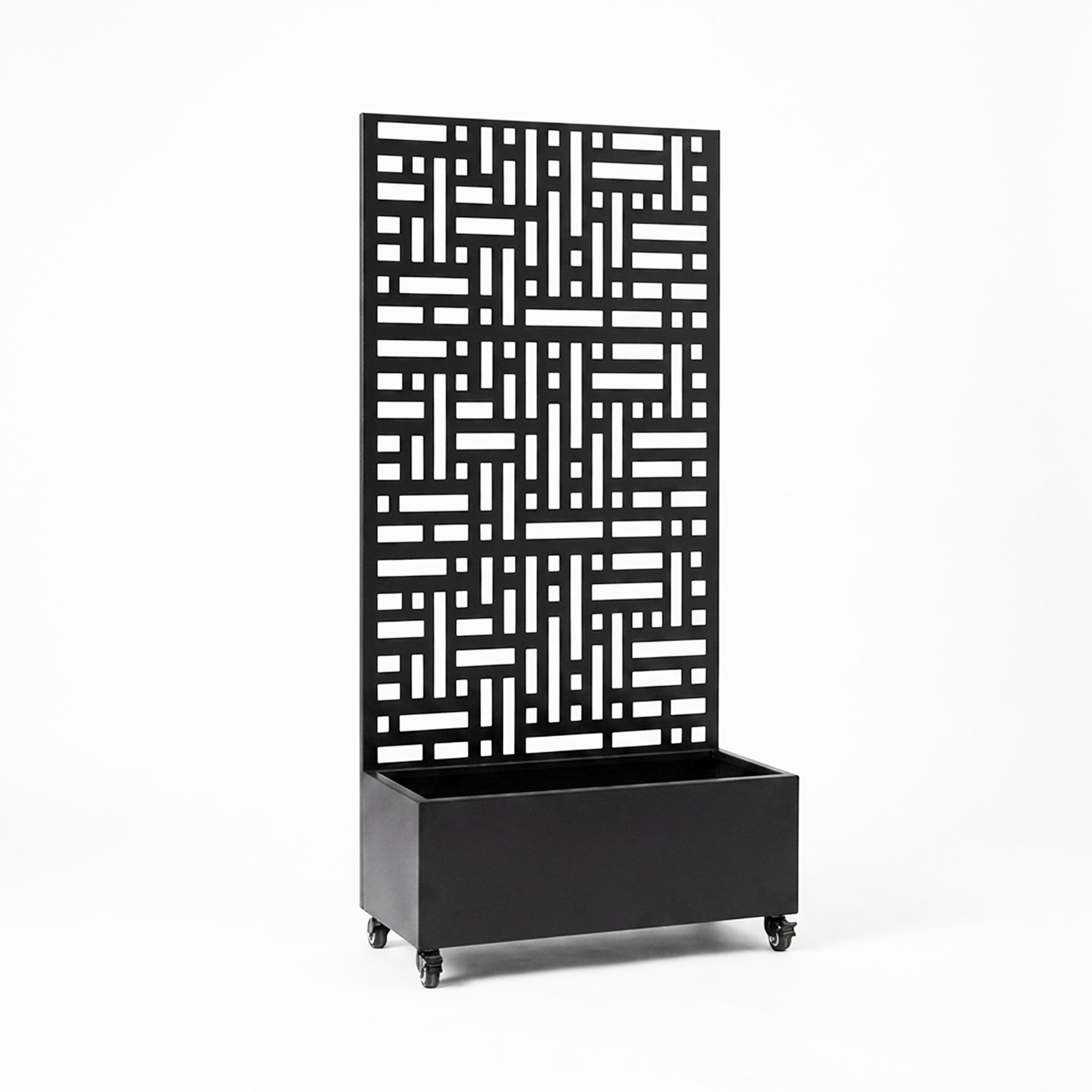 Black metal privacy screen with planter box, front view showing geometric design