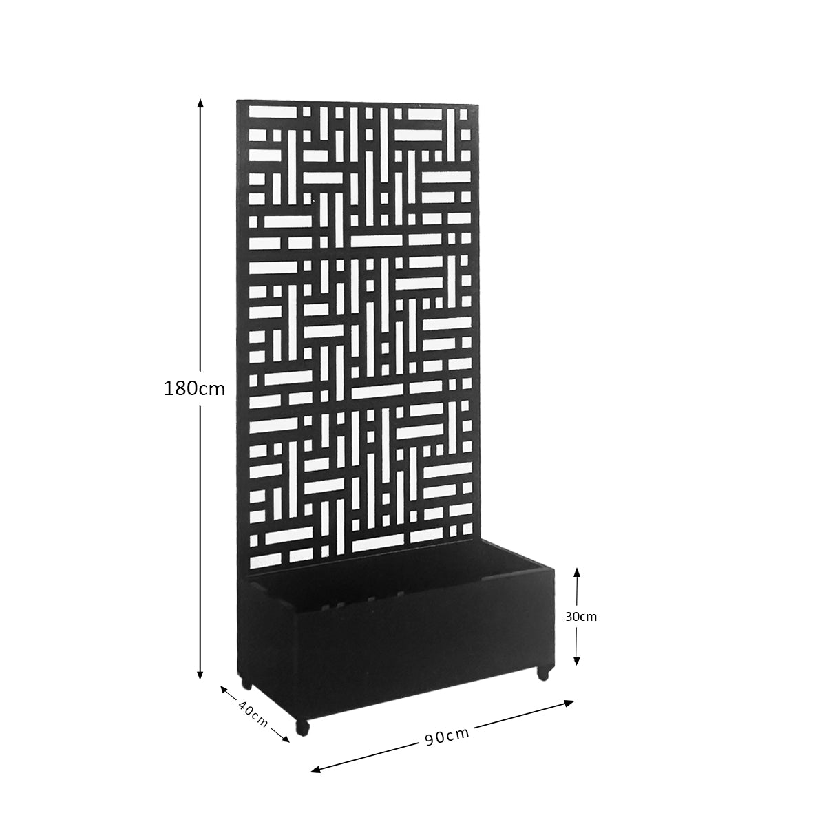 Black metal privacy screen with planter, detail of the geometric cut-out pattern