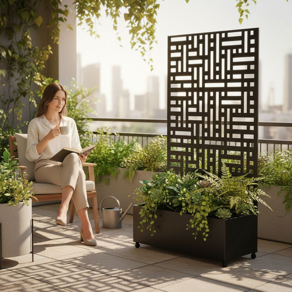 Black metal privacy screen with planter, angled view showing depth