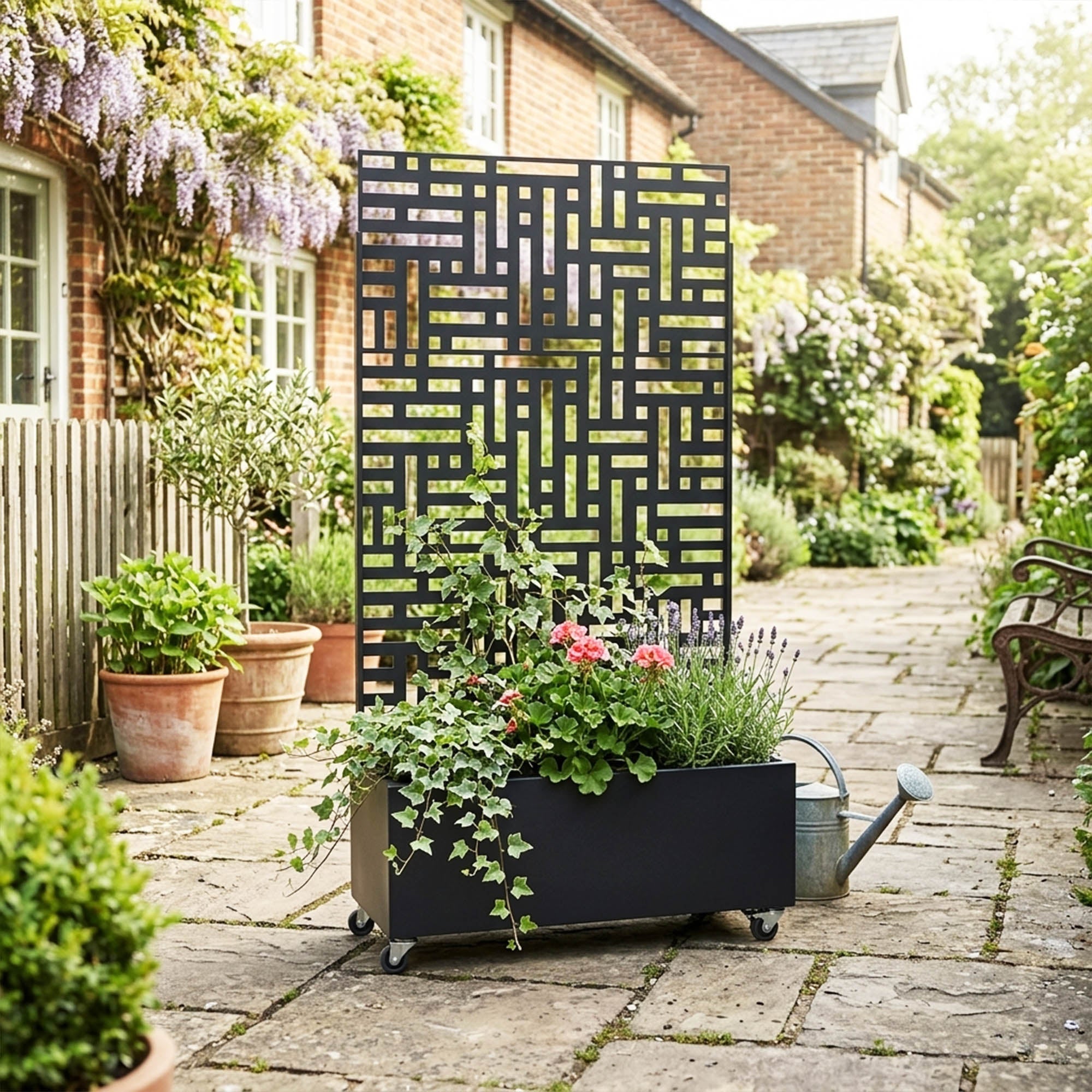 Black metal garden privacy screen with planter, geometric pattern, 90x180cm