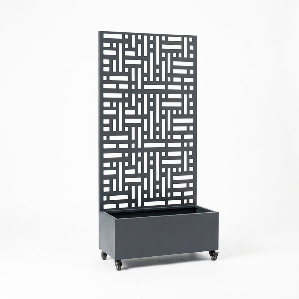 Anthracite grey metal privacy screen with planter, front view