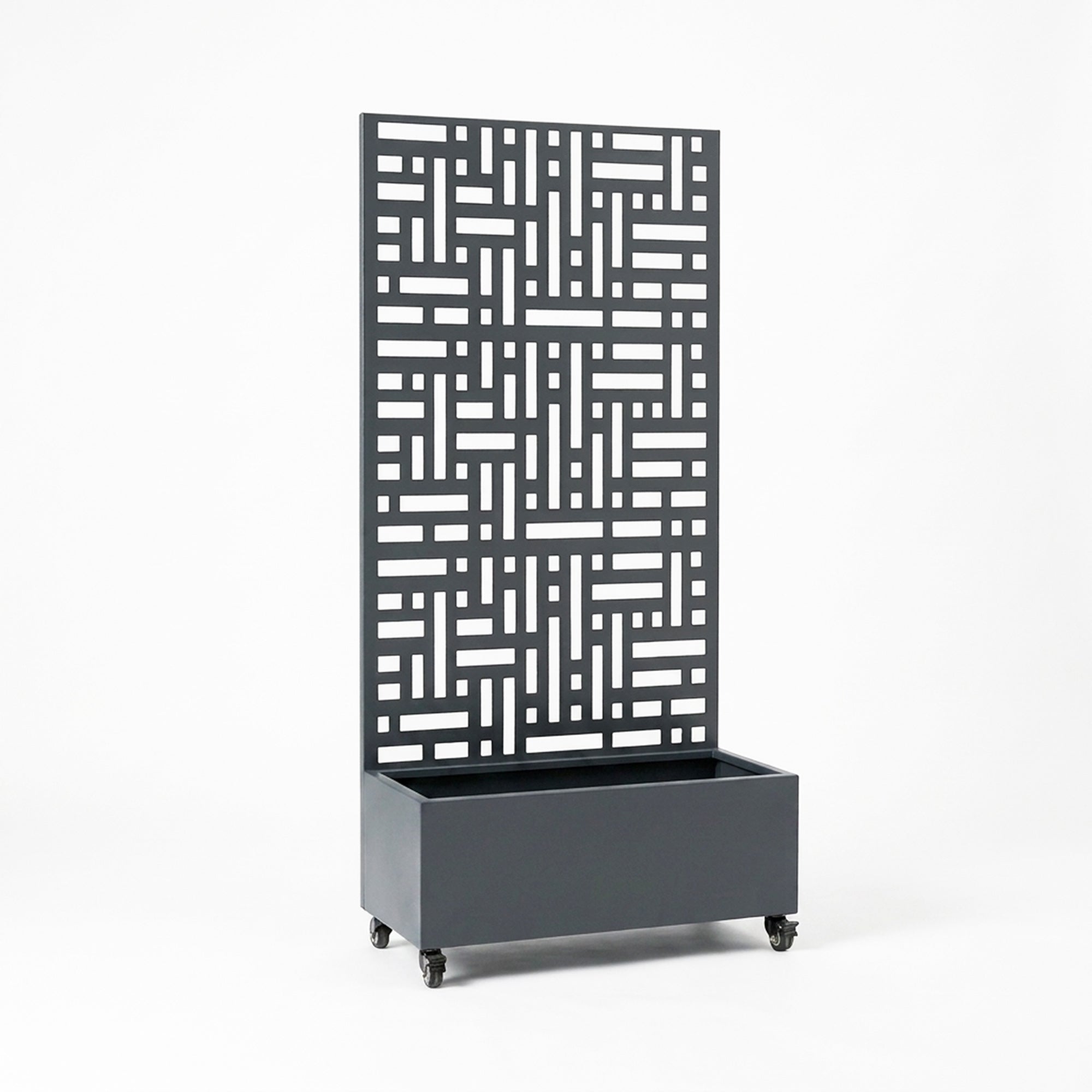 Anthracite grey metal privacy screen with planter, front view