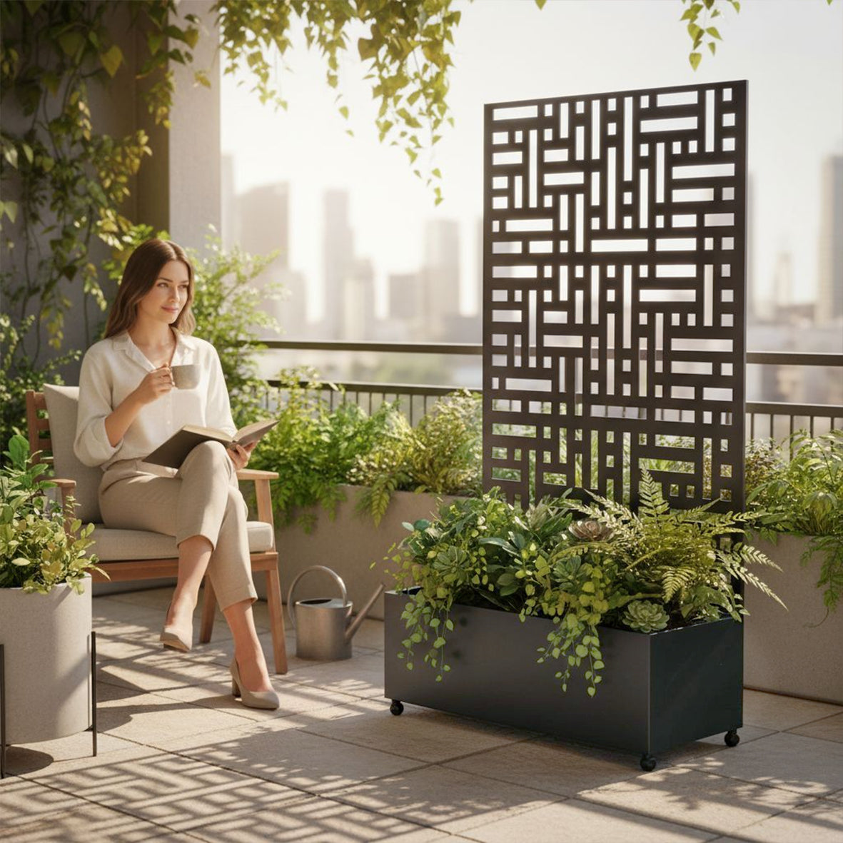 Anthracite grey metal privacy screen with planter, angled view