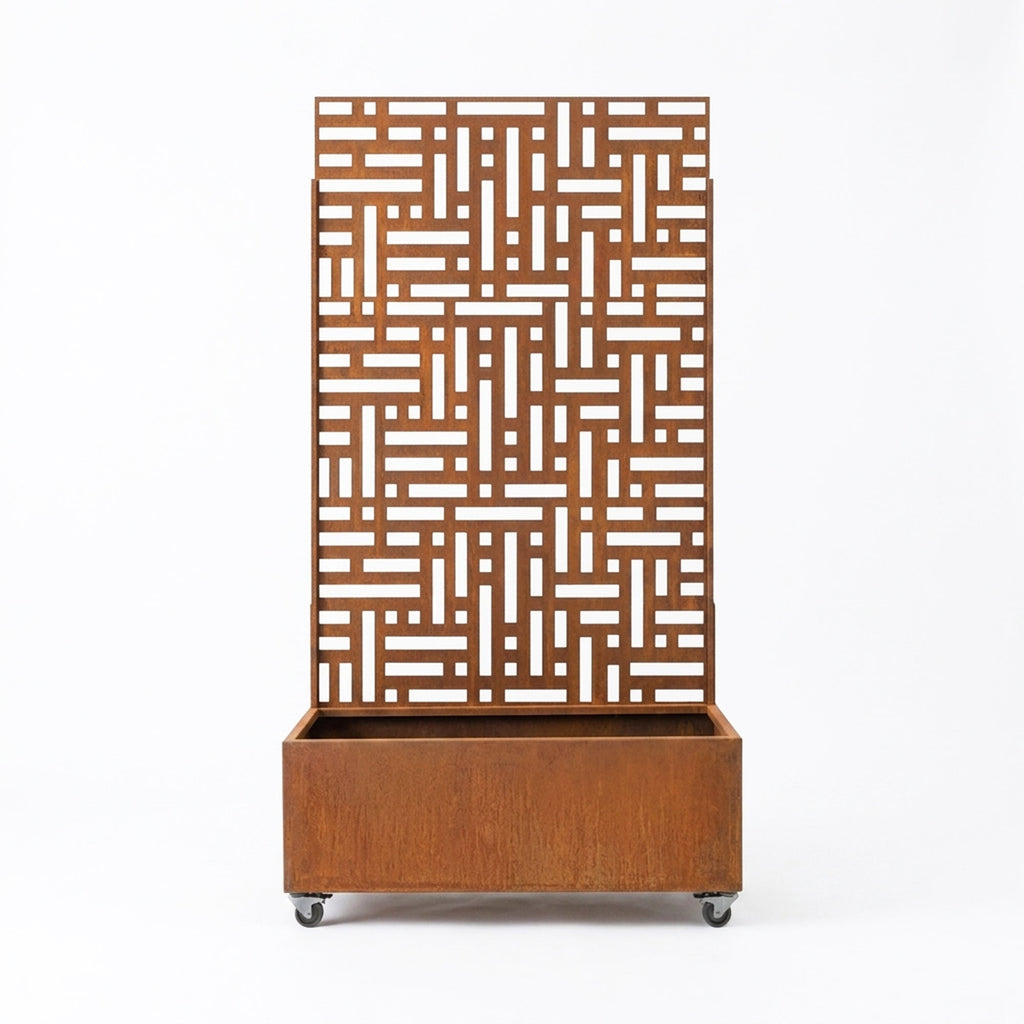 Rust finish metal privacy screen with planter, full front-on product view
