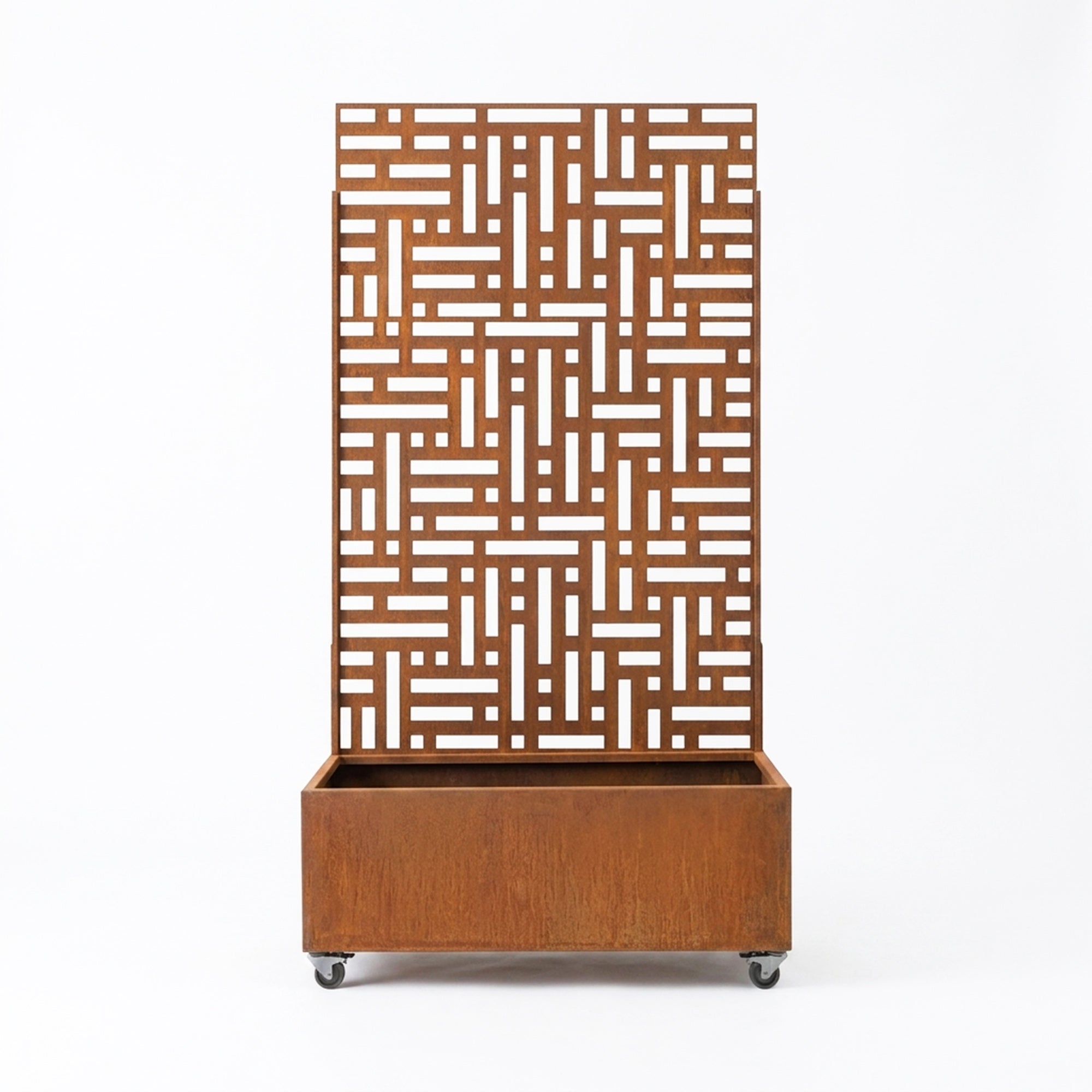 Rust finish metal privacy screen with planter, full front-on product view