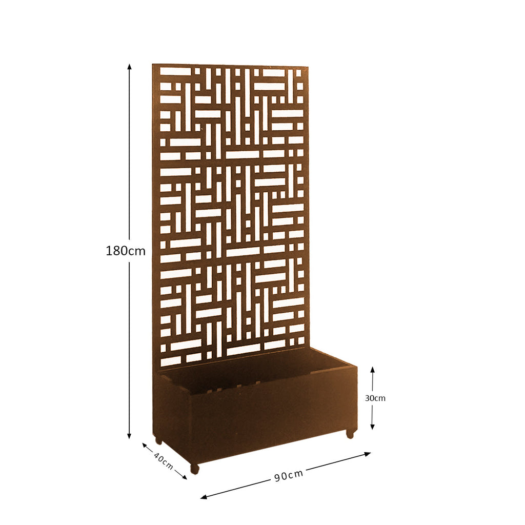 Rust finish metal privacy screen with planter, angled garden view
