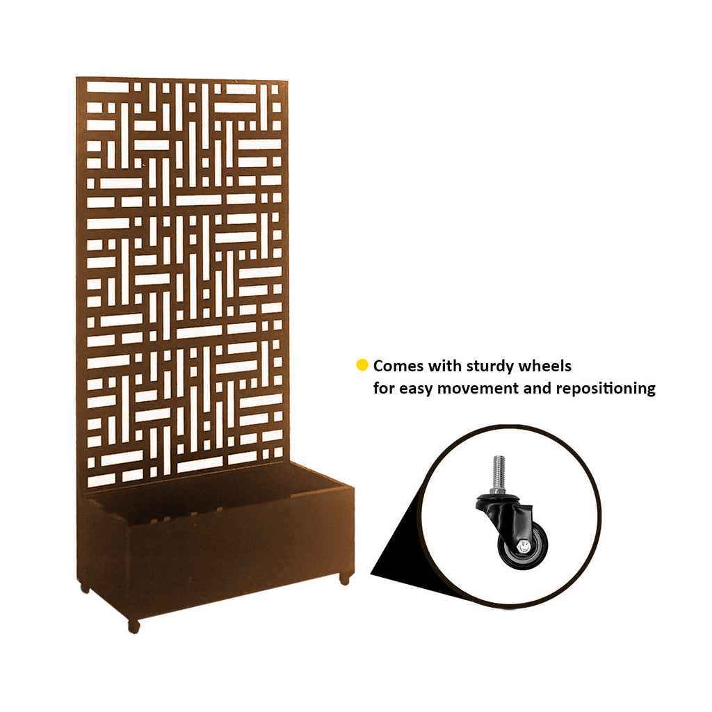 Rust finish metal privacy screen with planter, close-up of geometric pattern