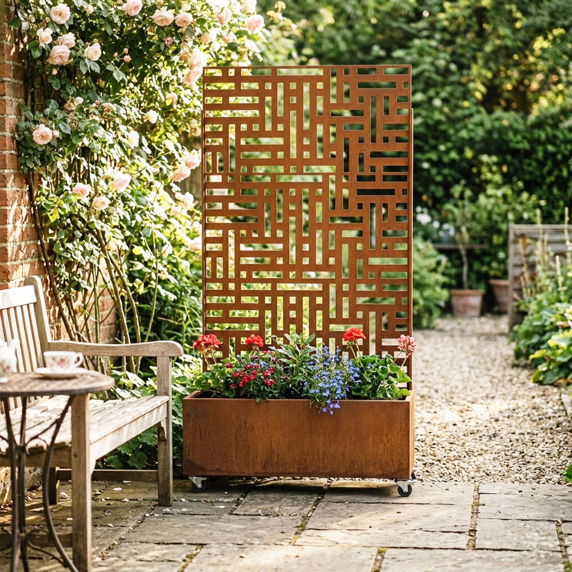 Rust finish metal privacy screen with planter in an outdoor setting