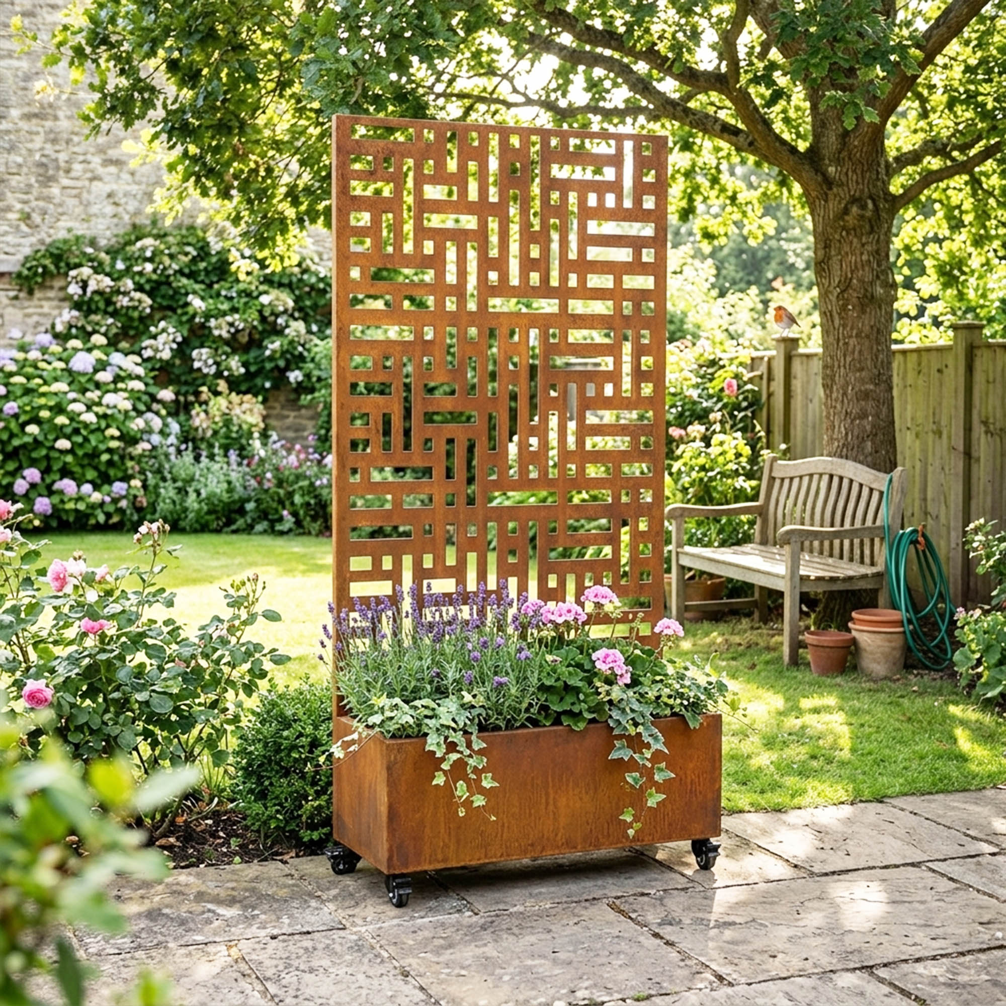 Rust finish metal privacy screen with planter, weathered steel patina