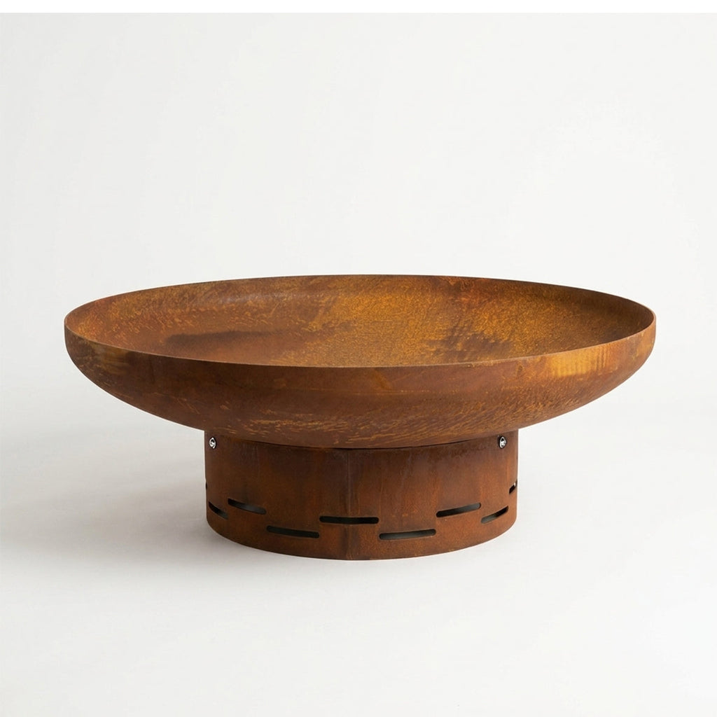 Corten steel fire pit 90cm on a white background showing the rusted finish