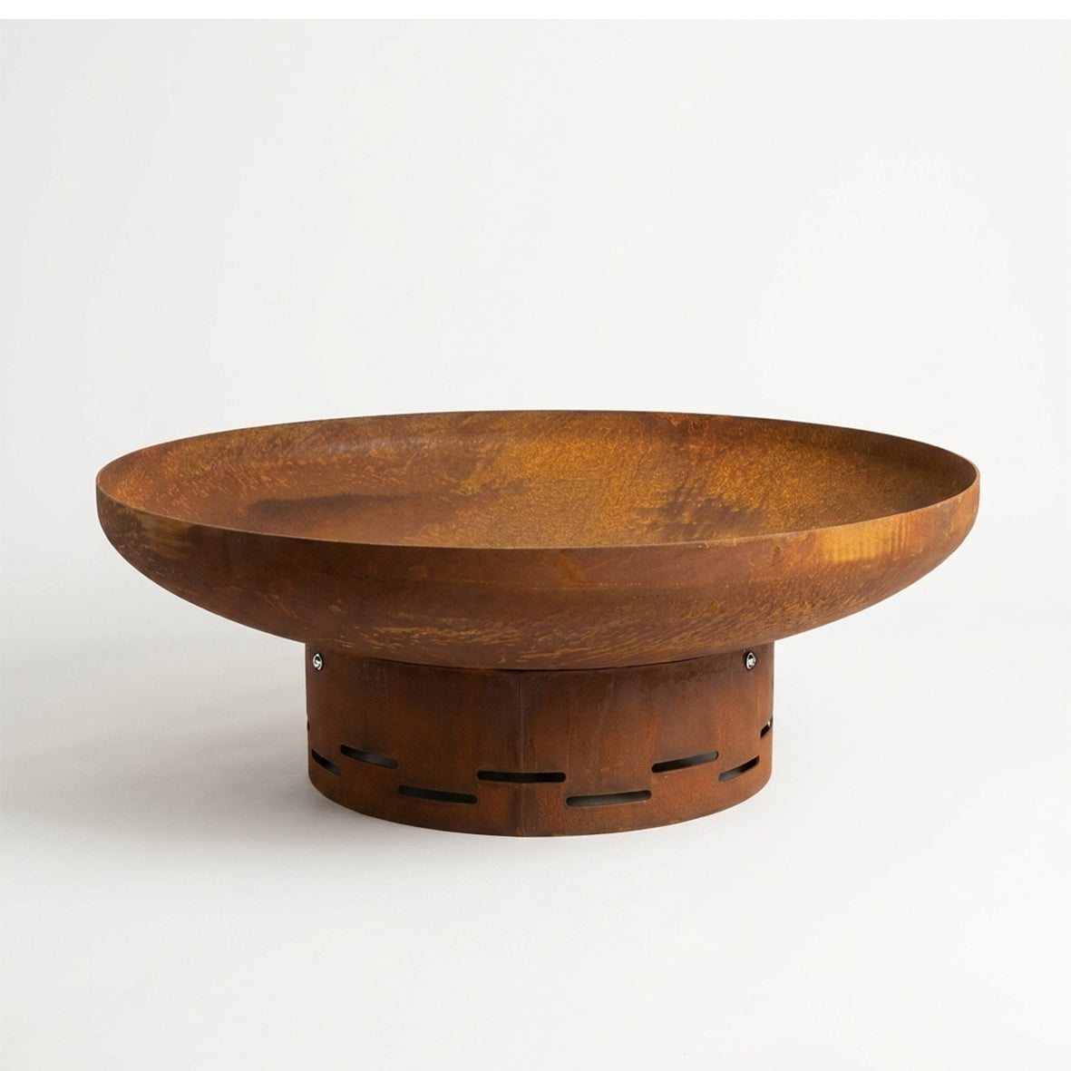 Corten steel fire pit 90cm on a white background showing the rusted finish