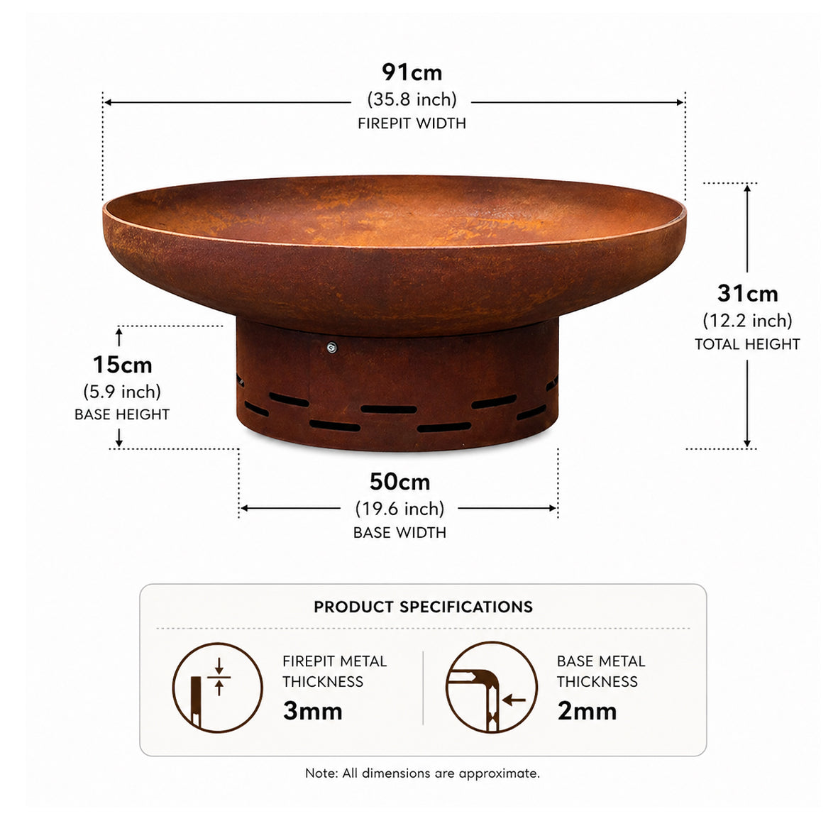 Corten steel fire pit 90cm on a white background, angled view