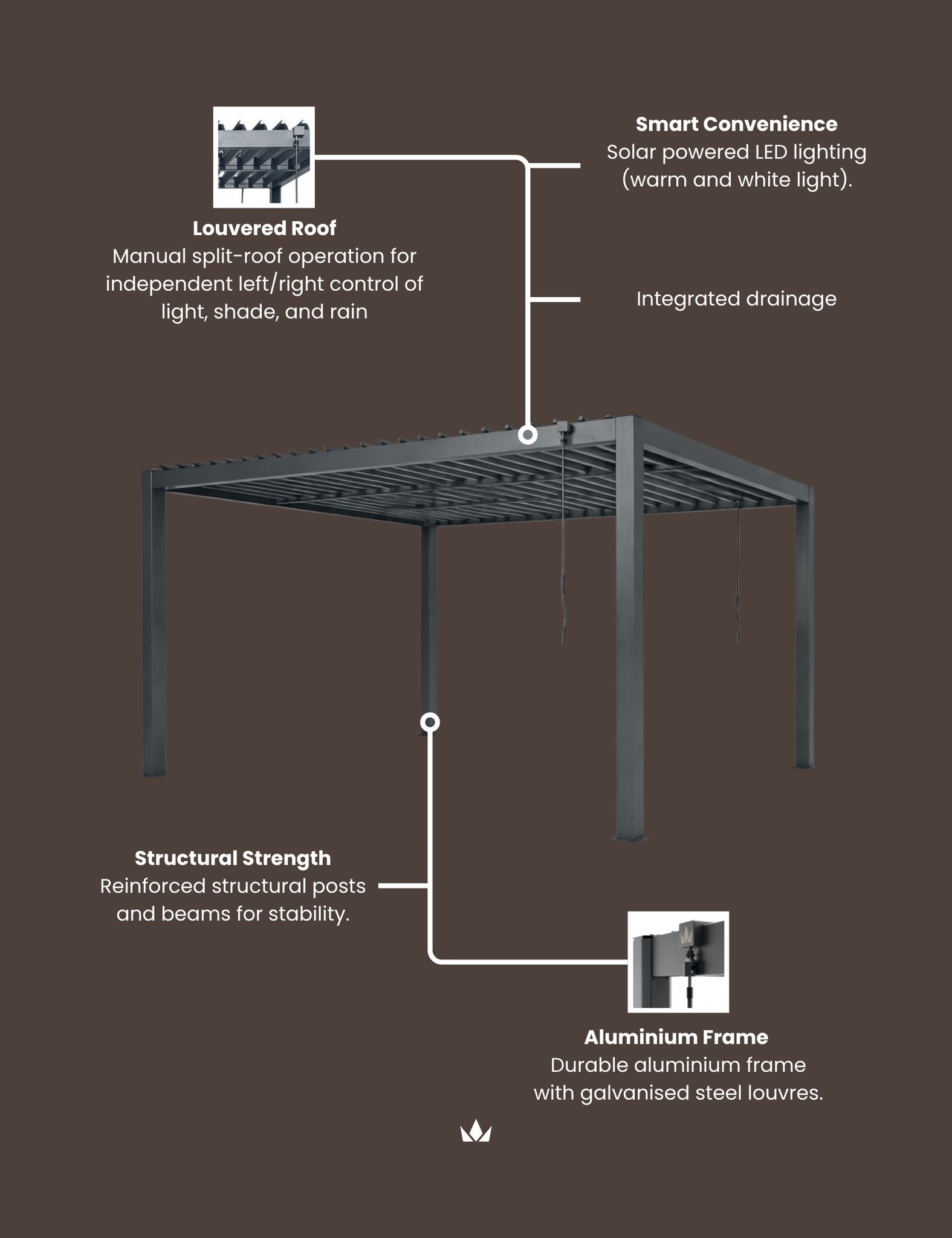 PURE 4x3m Pergola with Manual Louvered Roof and solar powered lighting