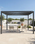 PURE 3x3m Louvred Pergola with galvanised steel roof and solar lighting in a British garden