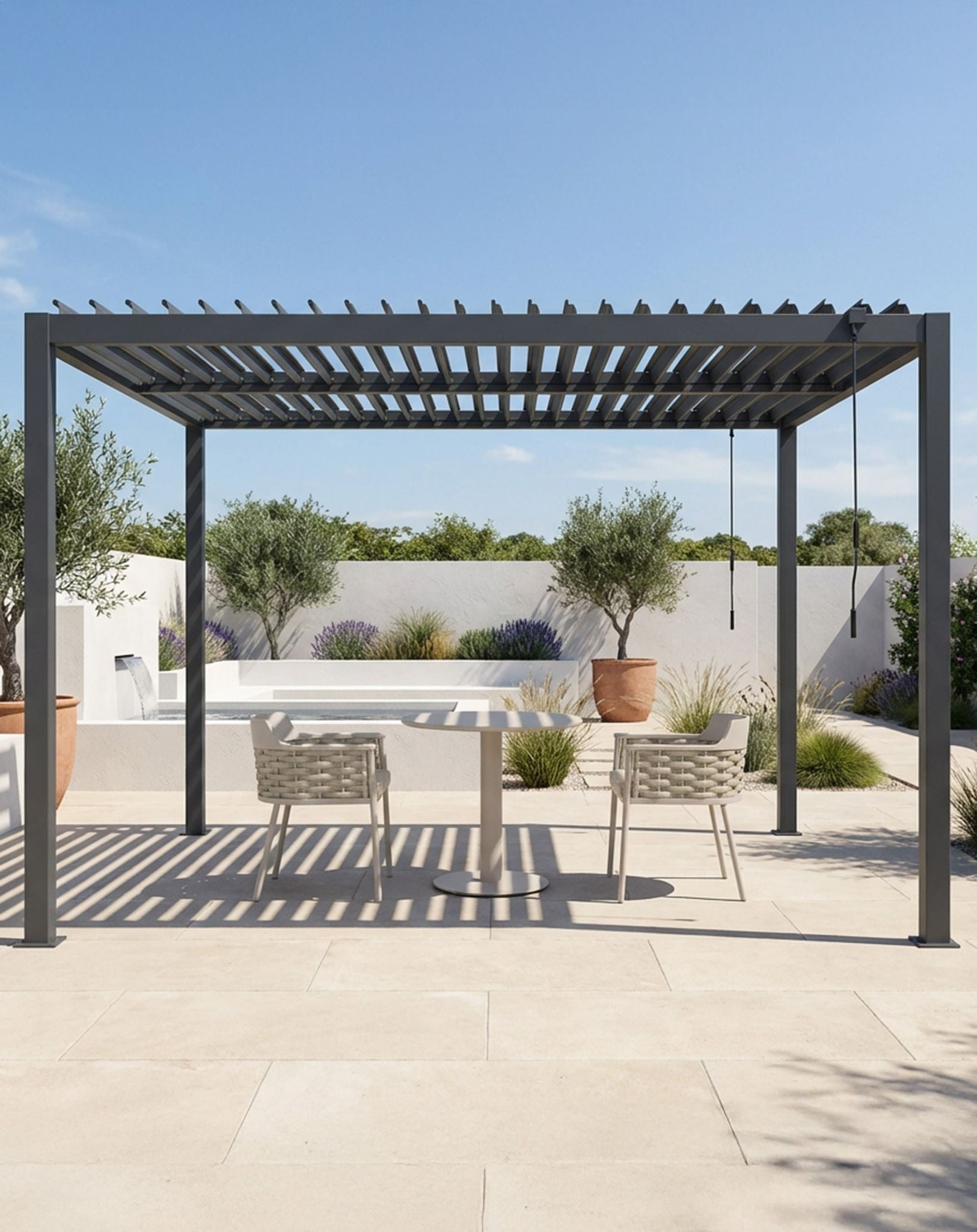 PURE 3x3m Louvred Pergola with galvanised steel roof and solar lighting in a British garden