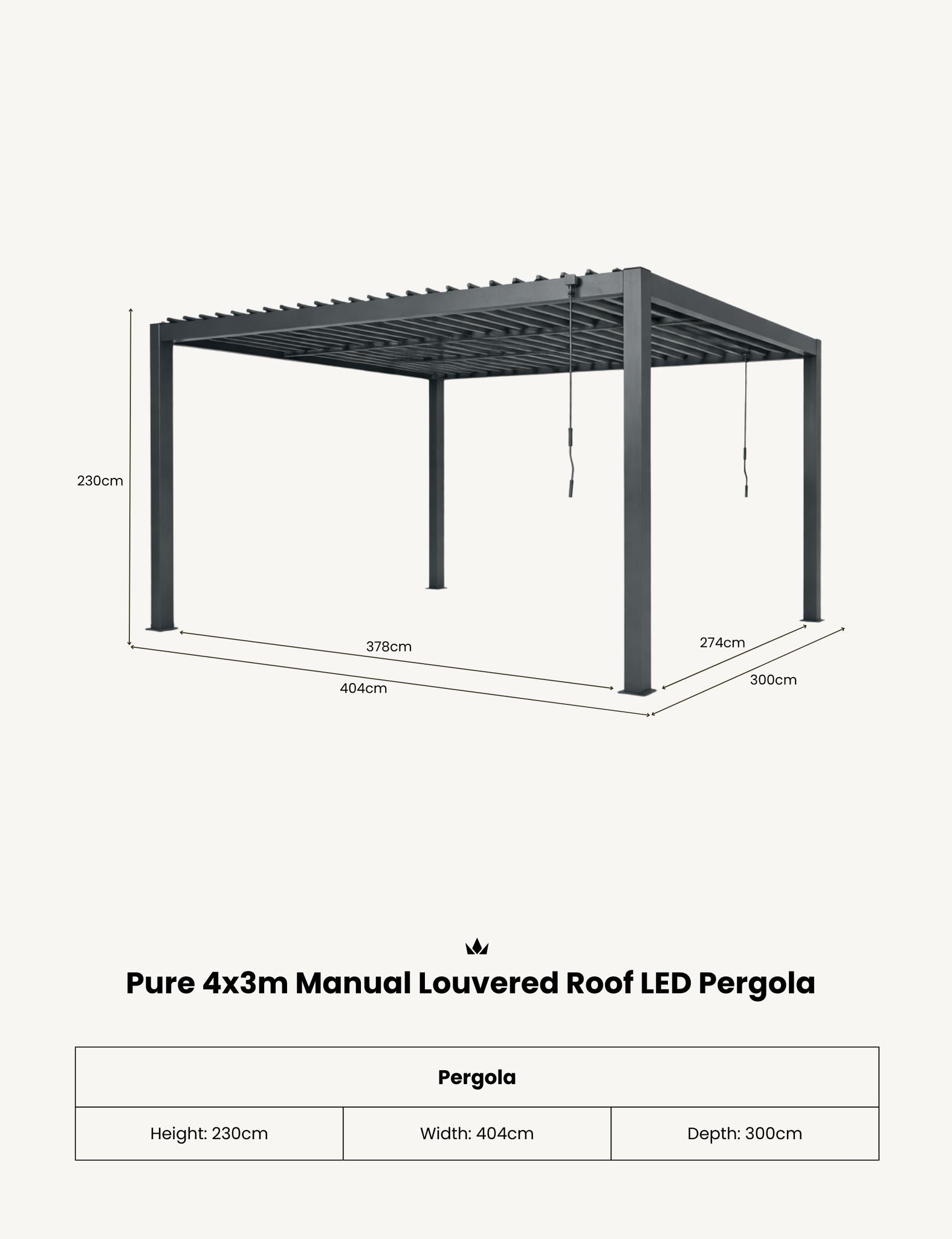 PURE 4x3m Pergola with Manual Louvered Roof and solar powered lighting