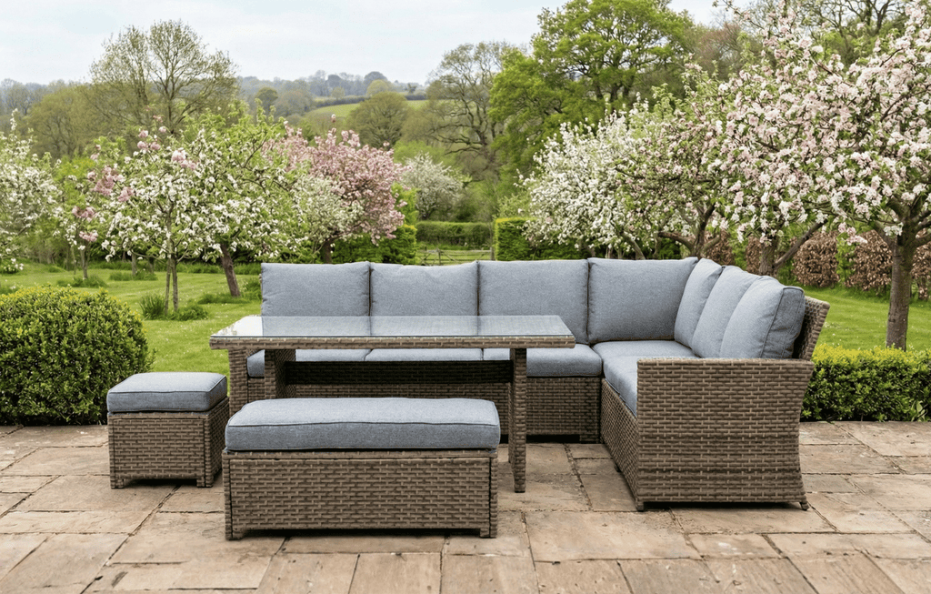 Palma 9 Seater Grey Rattan Garden Corner Lounge Set with cover in a British garden
