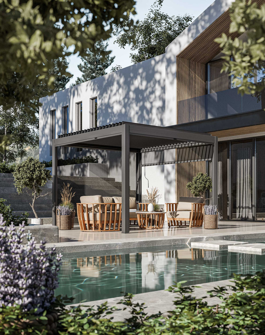 Luxe 3x3m Aluminium Louvred Pergola with solar lighting and voice control in a British garden