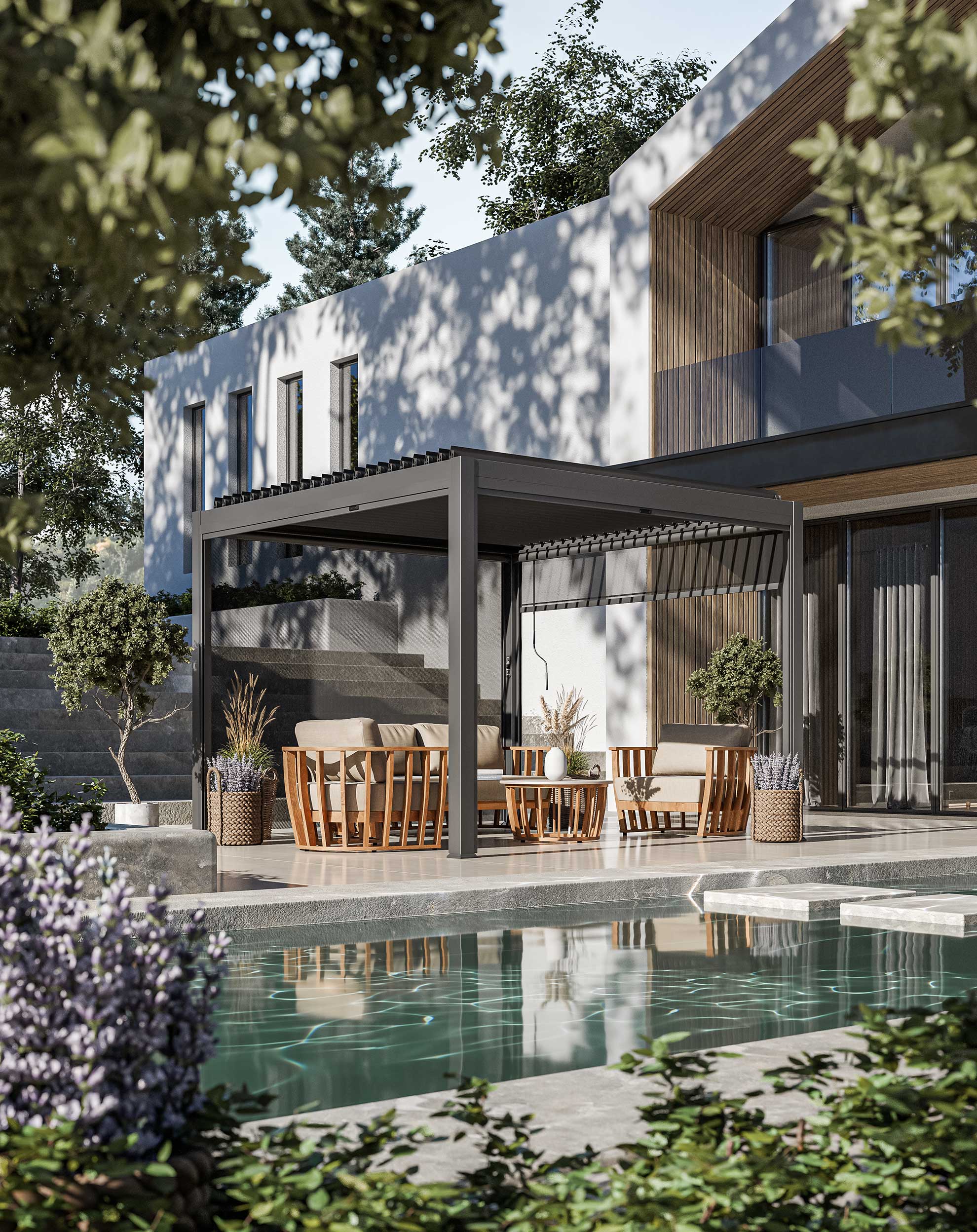 Luxe 3x3m Aluminium Louvred Pergola with solar lighting and voice control in a British garden