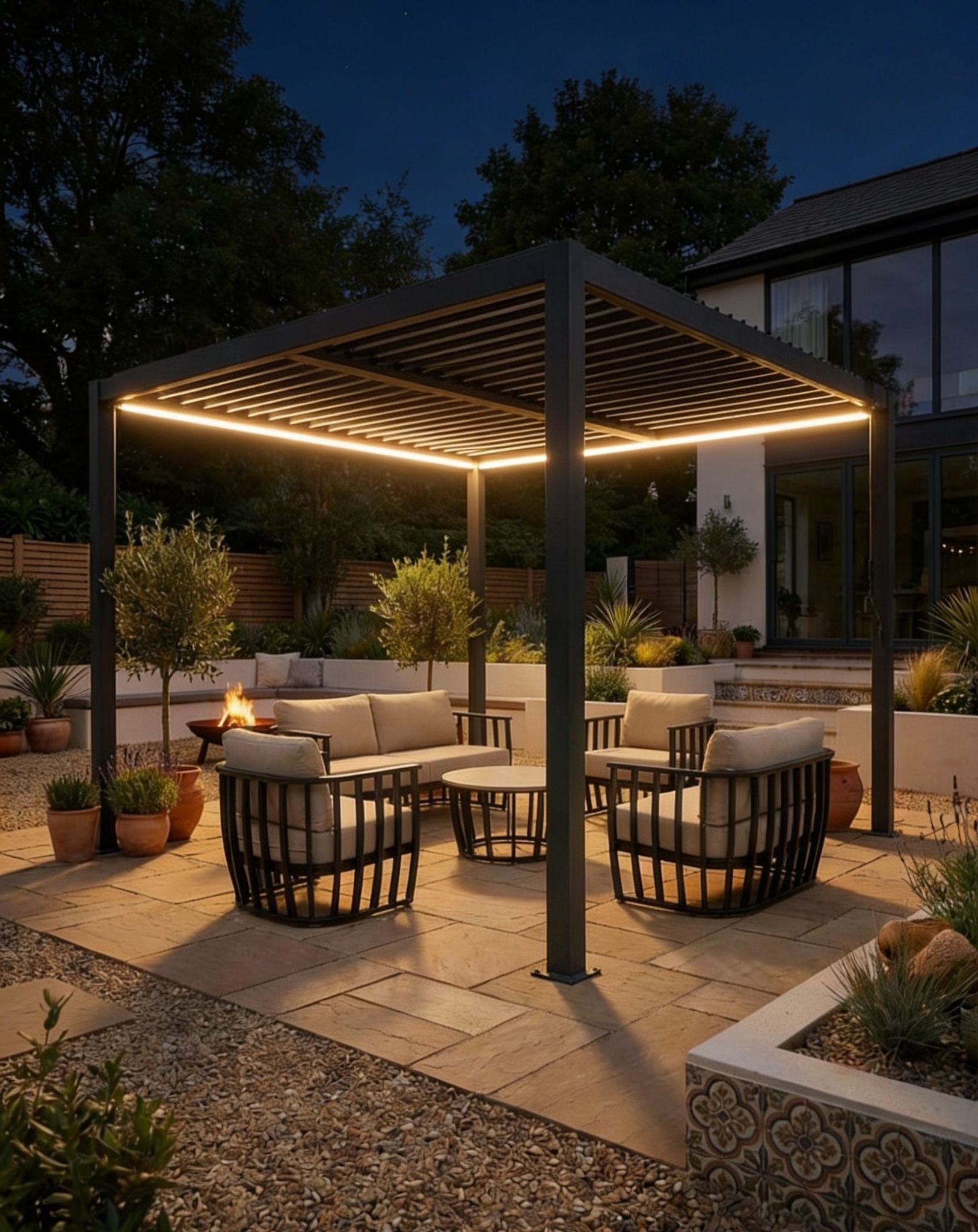 PURE 4x3m Louvred Pergola with galvanised steel roof and solar lighting in a British garden