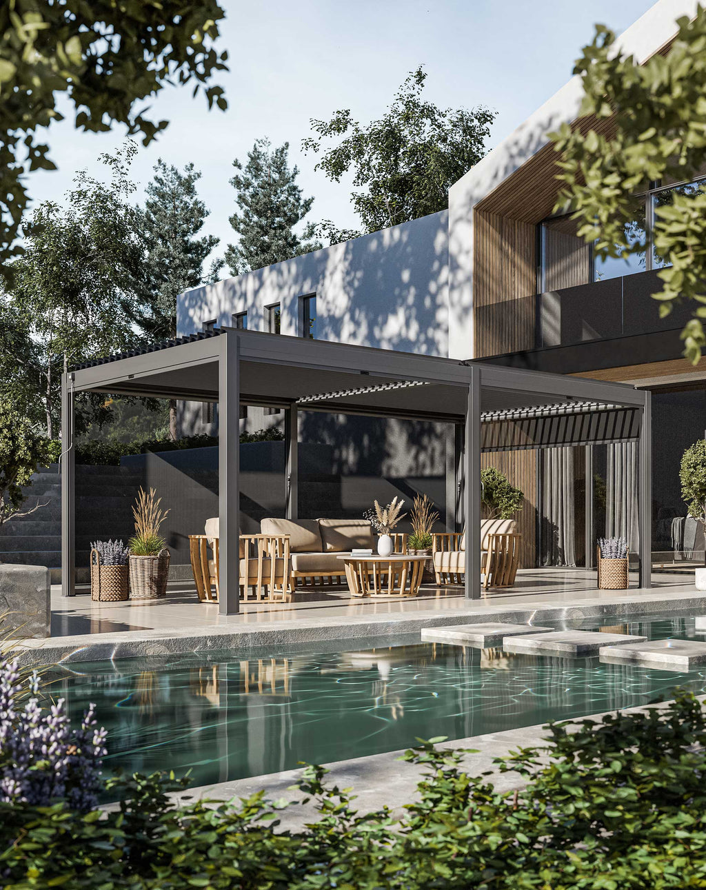 Luxe 6x3m Aluminium Louvred Pergola with solar lighting and voice control in a British garden