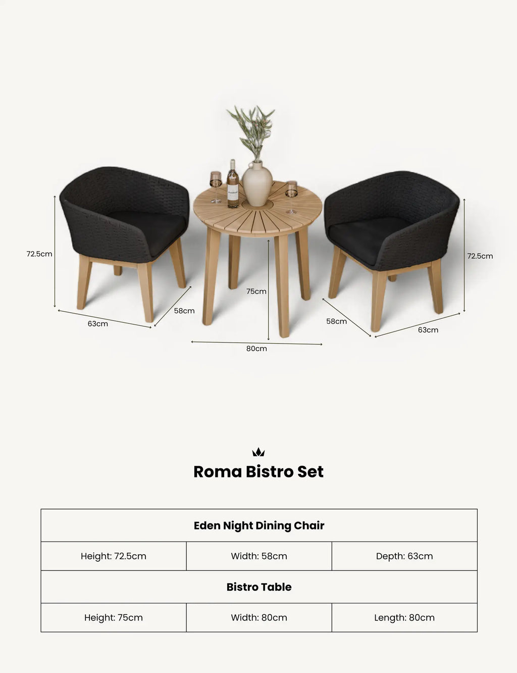 Royalcraft Roma 2 Seater Round Garden Bistro Set with Eden Night Chairs | FSC Acacia
