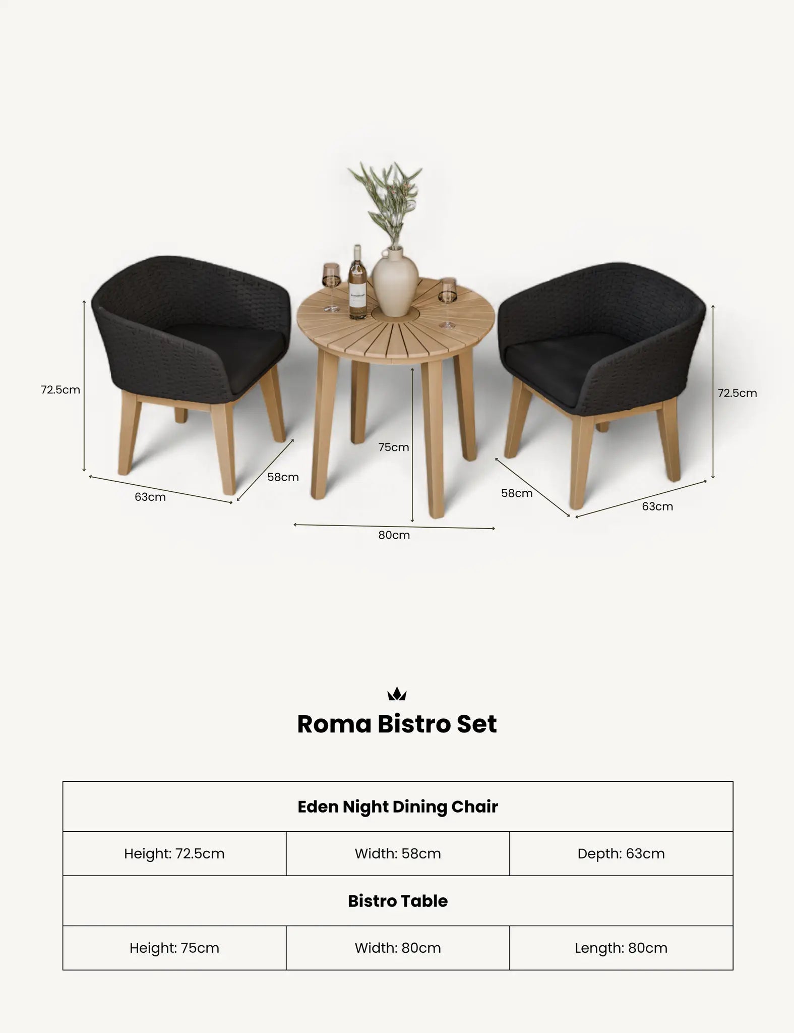 Royalcraft Roma 2 Seater Round Garden Bistro Set with Eden Night Chairs | FSC Acacia