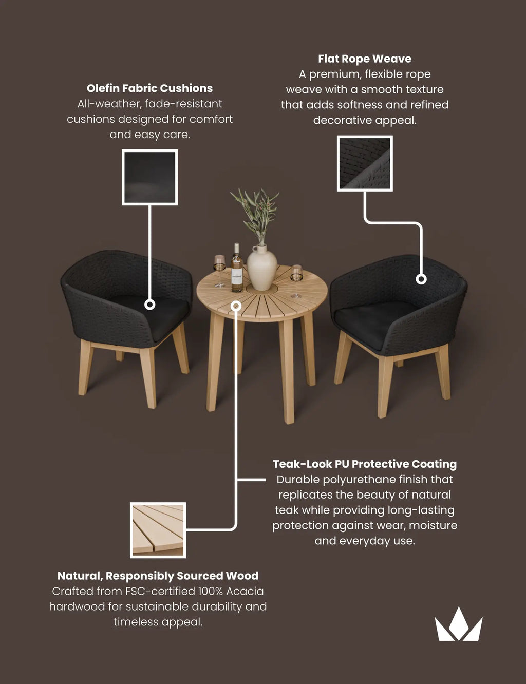 Royalcraft Roma 2 Seater Round Garden Bistro Set with Eden Night Chairs | FSC Acacia