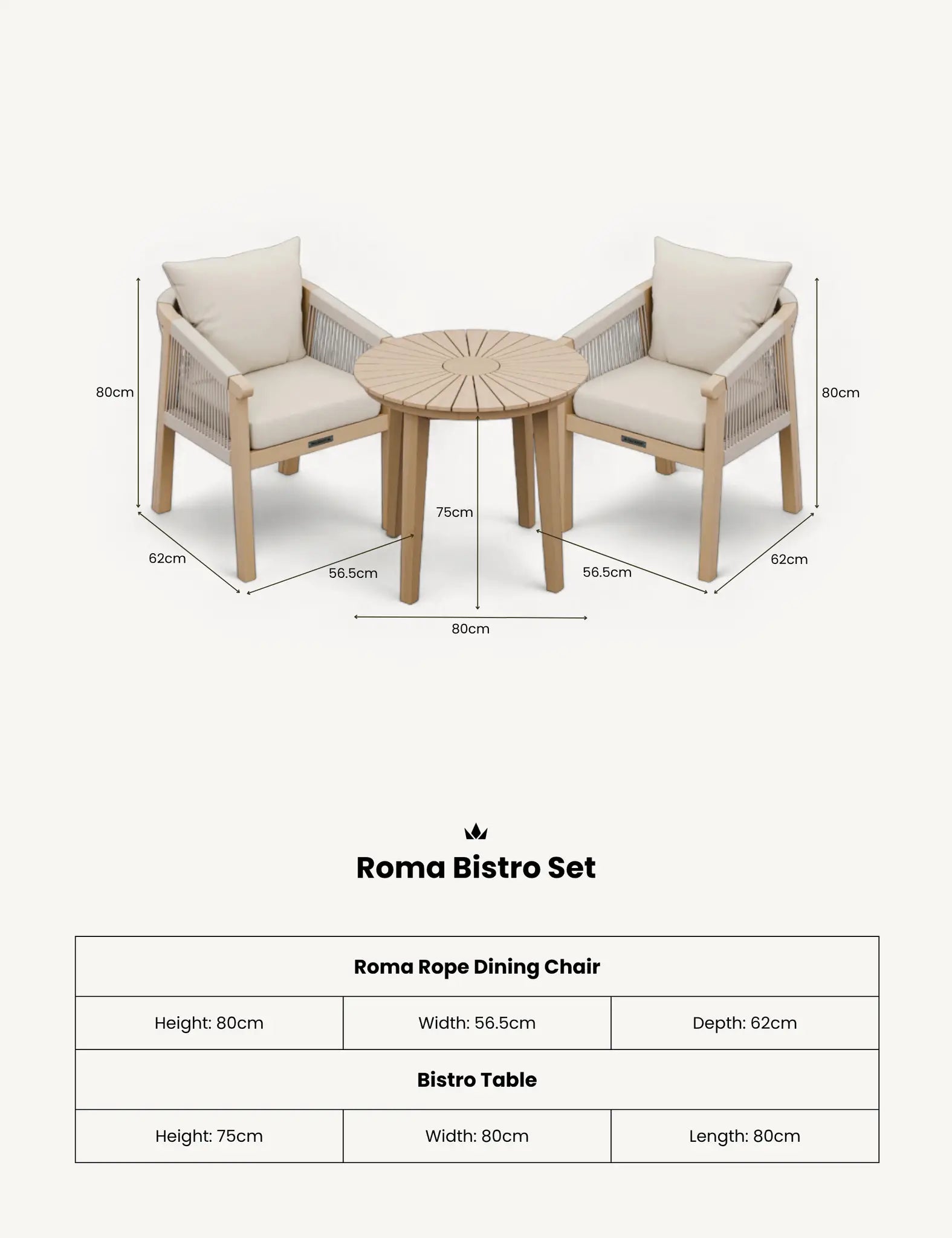 Royalcraft Roma 2 Seater Round Garden Bistro Set with Roma Rope Chairs | FSC Acacia