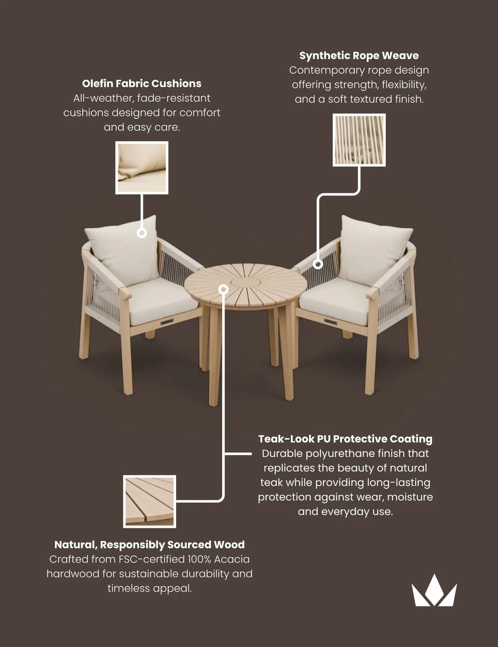 Royalcraft Roma 2 Seater Round Garden Bistro Set with Roma Rope Chairs | FSC Acacia