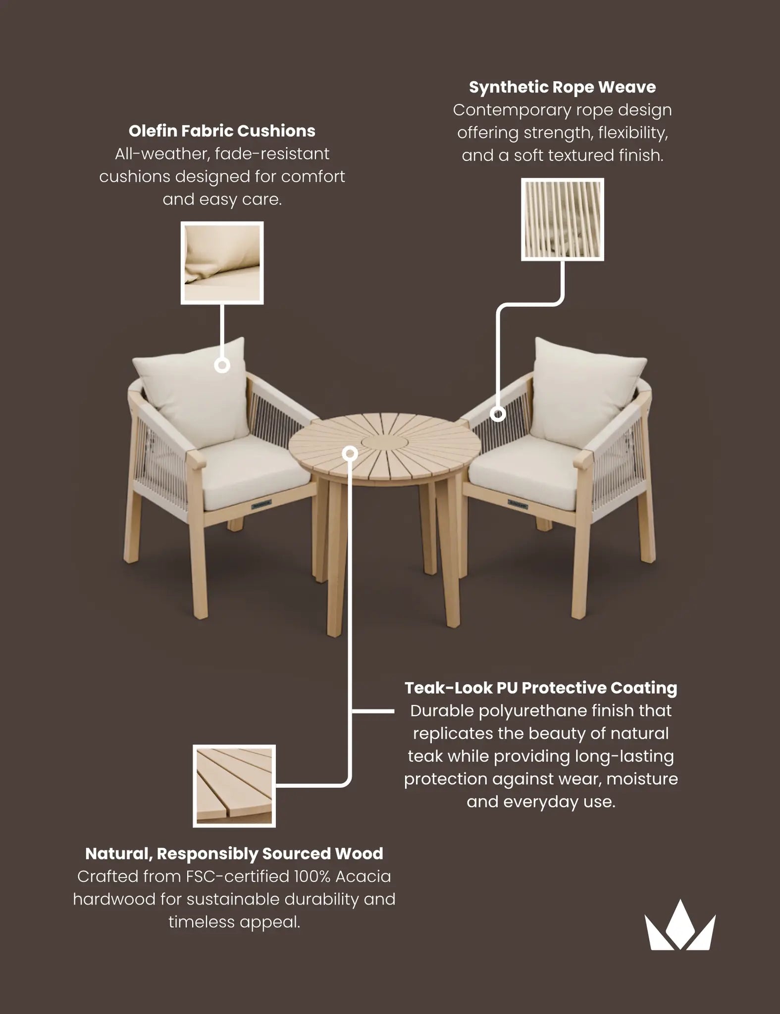 Royalcraft Roma 2 Seater Round Garden Bistro Set with Roma Rope Chairs | FSC Acacia