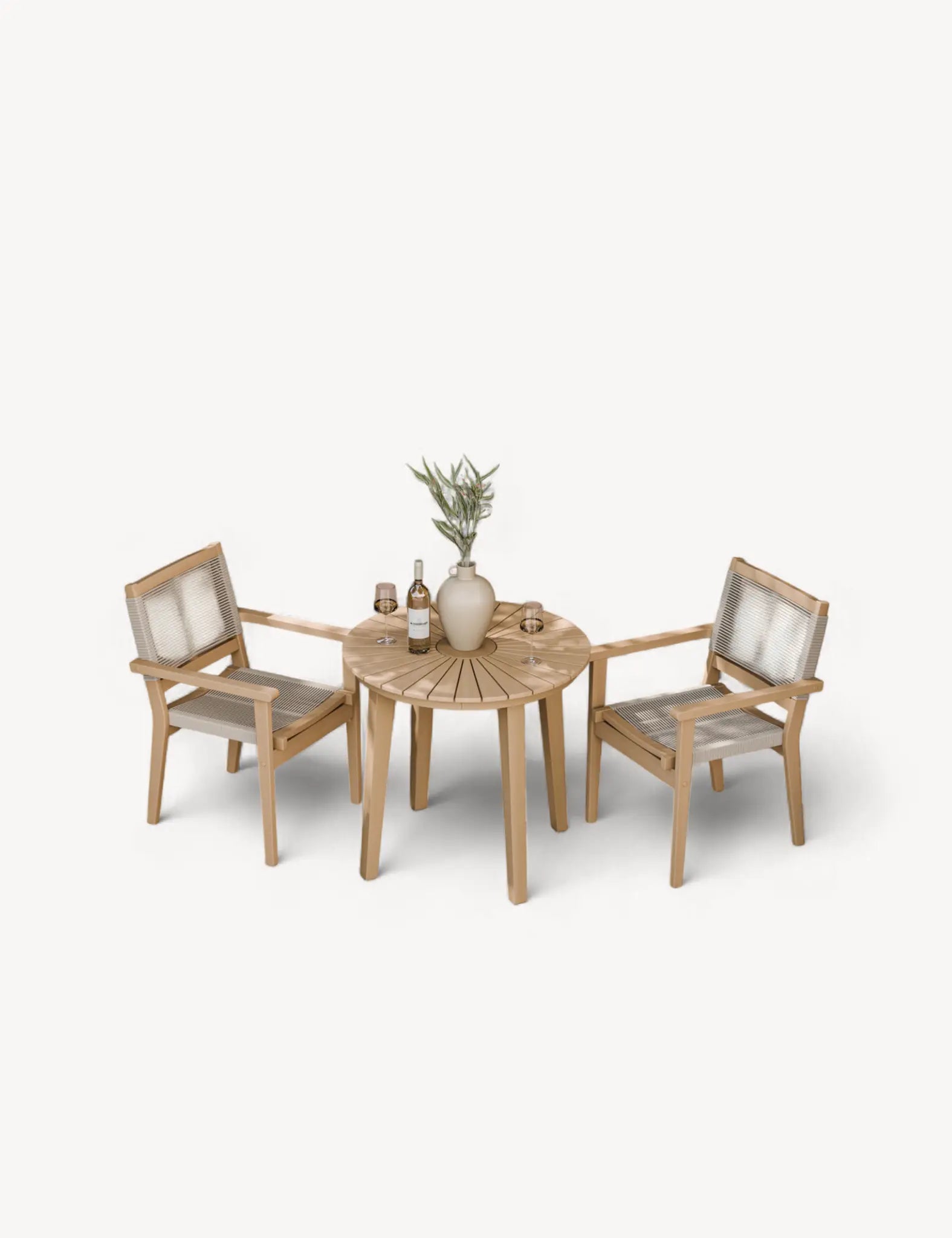 Royalcraft Roma 2 Seater Round Sunray Garden Bistro Set with Rope Stacking Chairs | 80cm | FSC Acacia