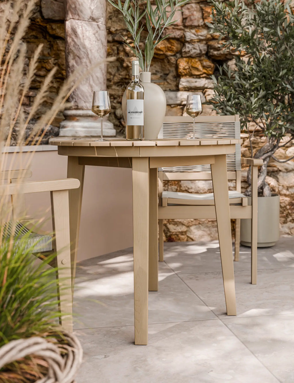 Royalcraft Roma 2 Seater Round Sunray Garden Bistro Set with Rope Stacking Chairs | 80cm | FSC Acacia