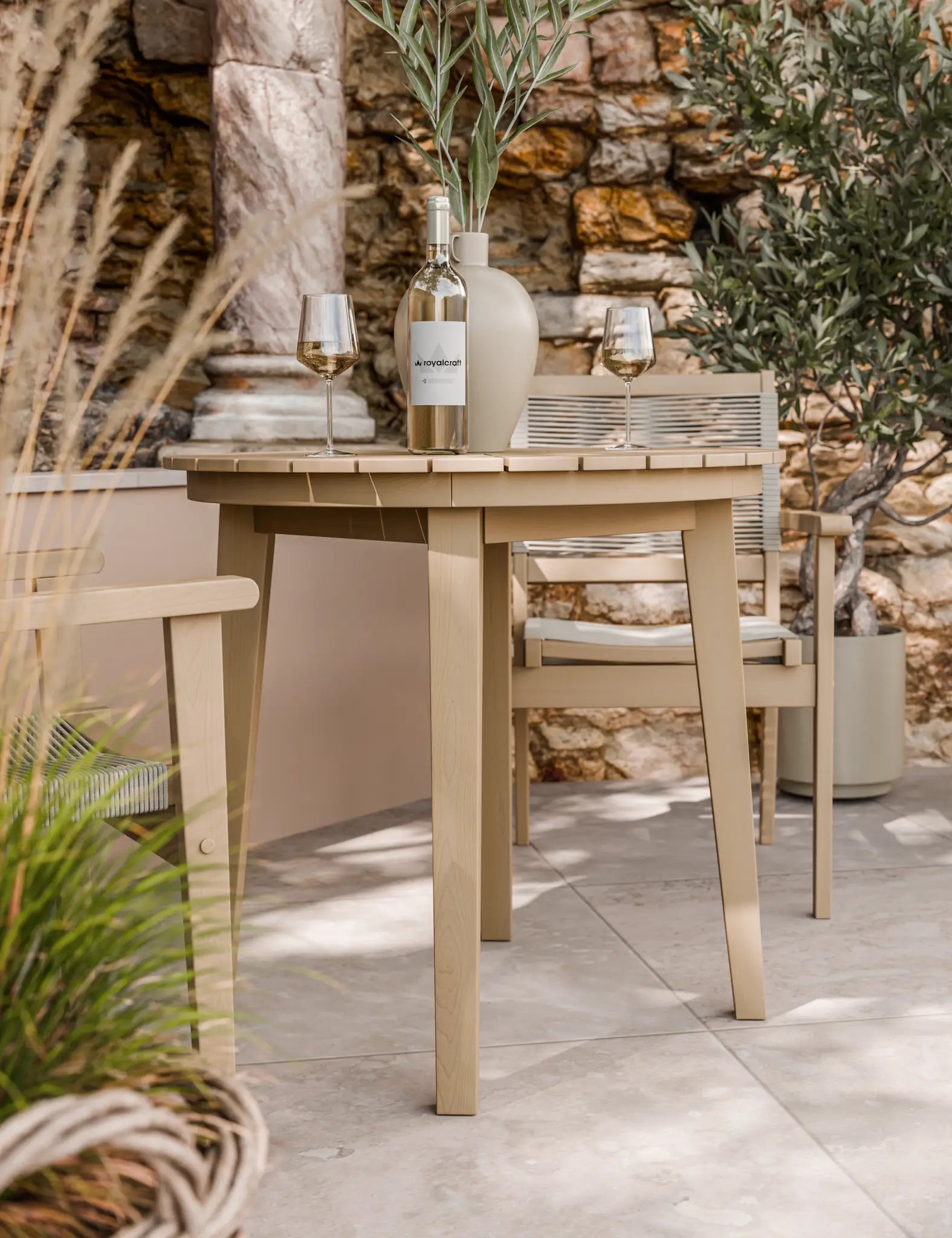 Royalcraft Roma 2 Seater Round Sunray Garden Bistro Set with Rope Stacking Chairs | 80cm | FSC Acacia