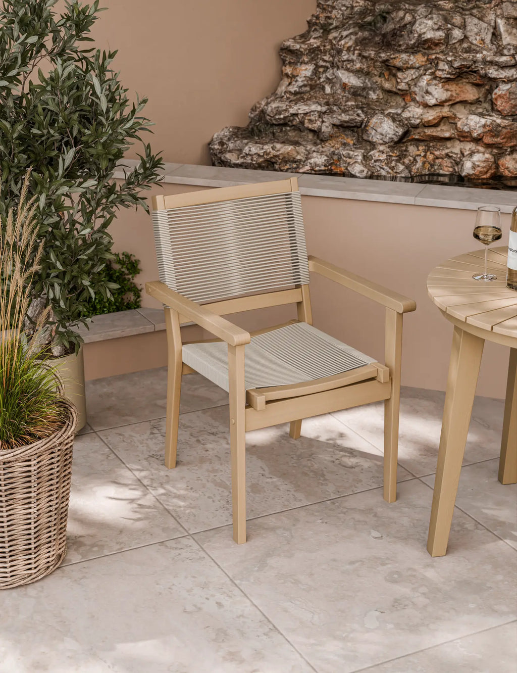 Royalcraft Roma 2 Seater Round Sunray Garden Bistro Set with Rope Stacking Chairs | 80cm | FSC Acacia