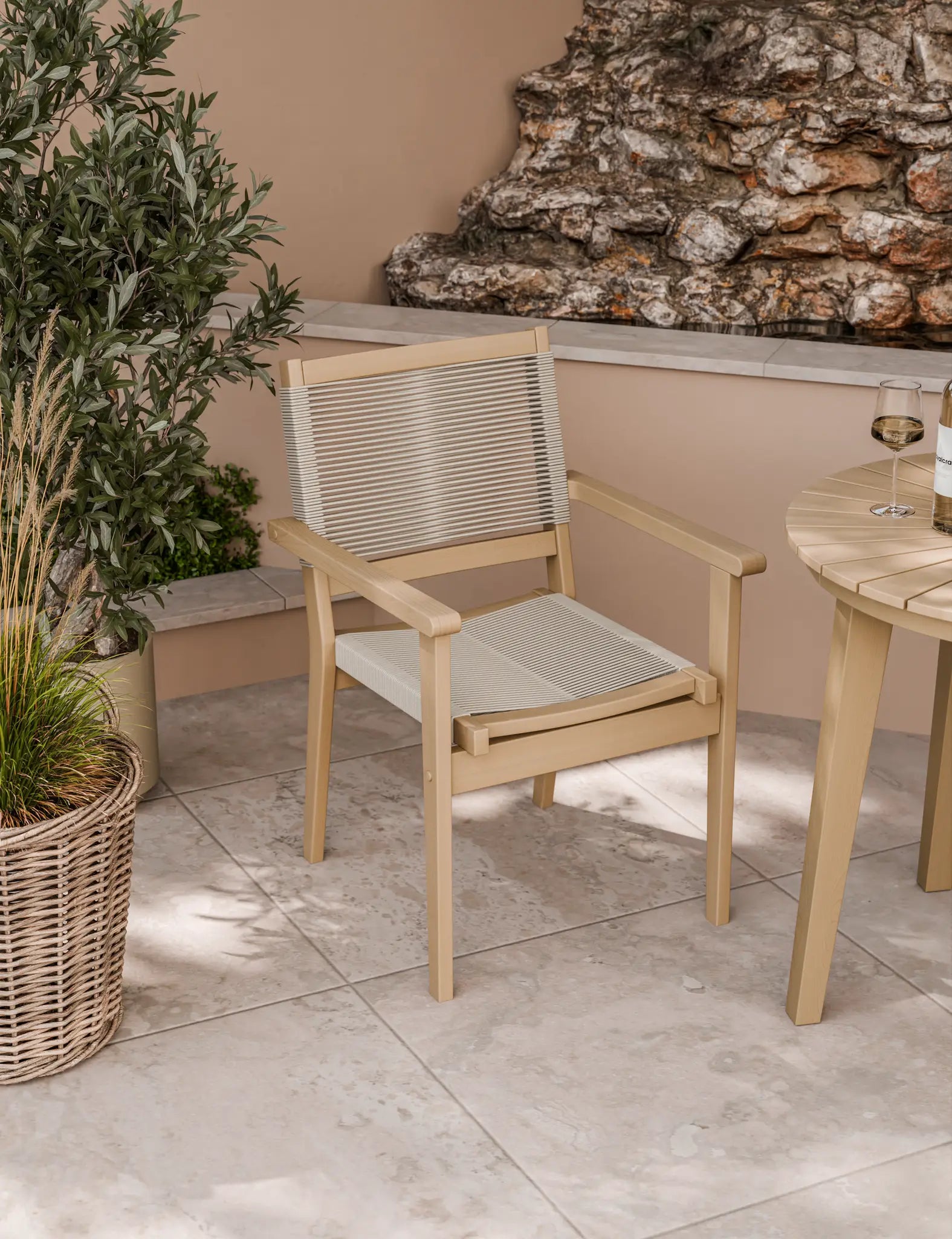 Royalcraft Roma 2 Seater Round Sunray Garden Bistro Set with Rope Stacking Chairs | 80cm | FSC Acacia