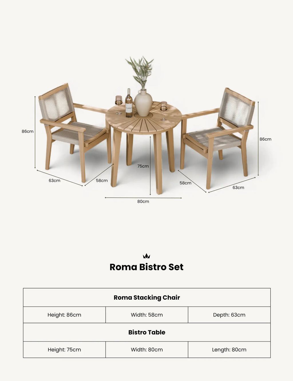 Royalcraft Roma 2 Seater Round Sunray Garden Bistro Set with Rope Stacking Chairs | 80cm | FSC Acacia