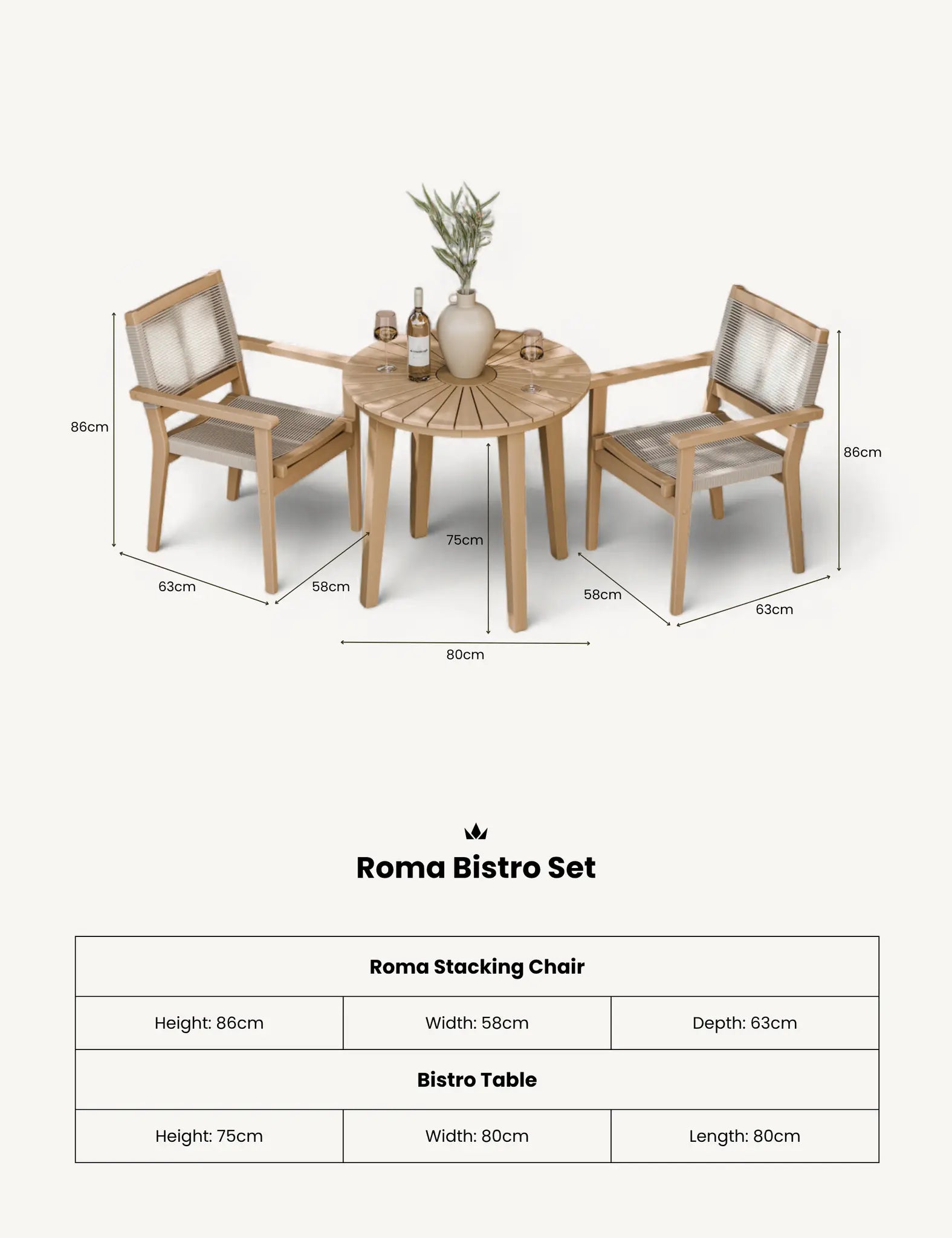 Royalcraft Roma 2 Seater Round Sunray Garden Bistro Set with Rope Stacking Chairs | 80cm | FSC Acacia